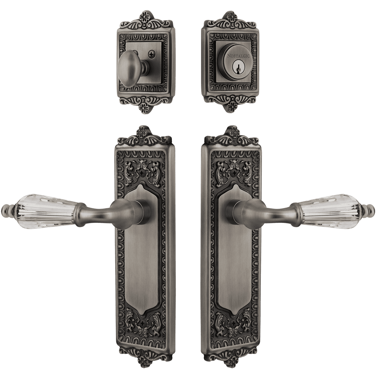 Antique Pewter Egg & Dart Entry Door Set with Parlour Crystal Lever - Vintage Style Door Hardware for Classic & Traditional Home Interiors