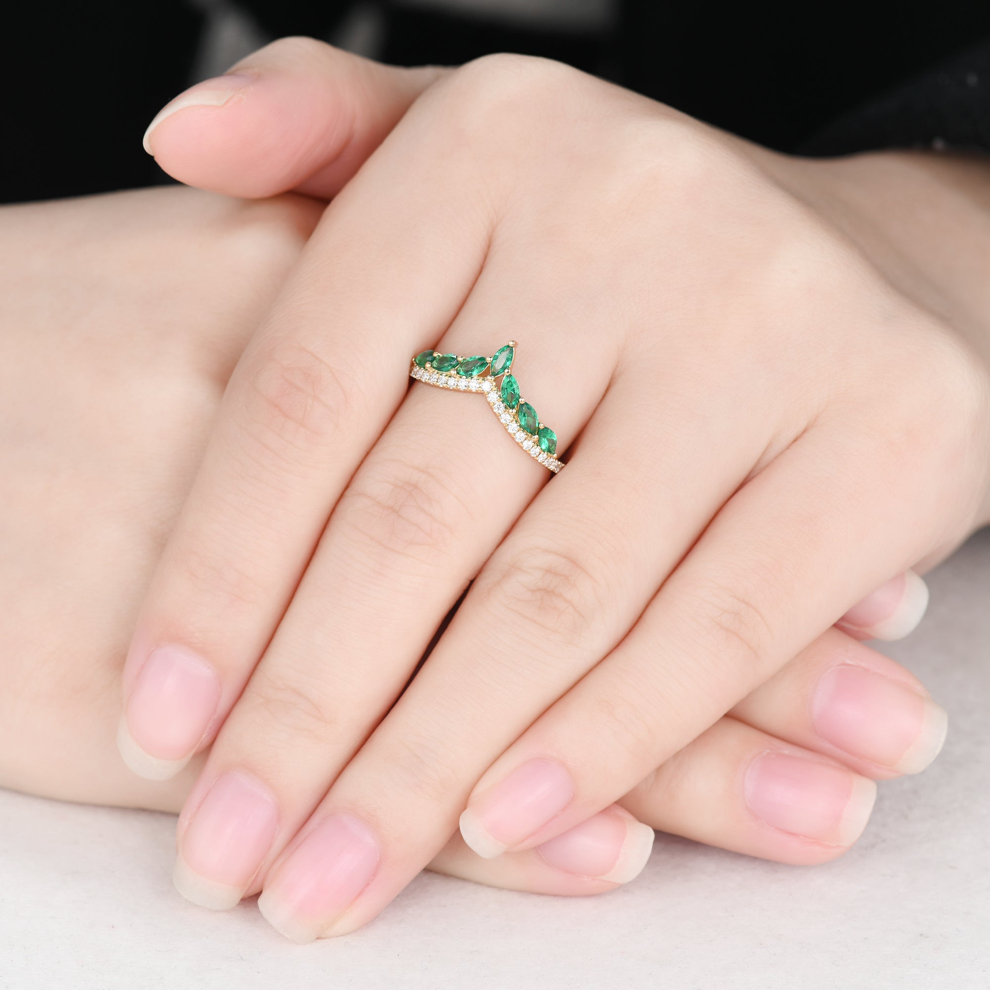 Exquisite Marquise Emerald Curved Wedding Band - 14K Yellow Gold Moissanite Engagement Ring for Women | Perfect for Bridal Jewelry, Anniversary Gifts & Special Occasions