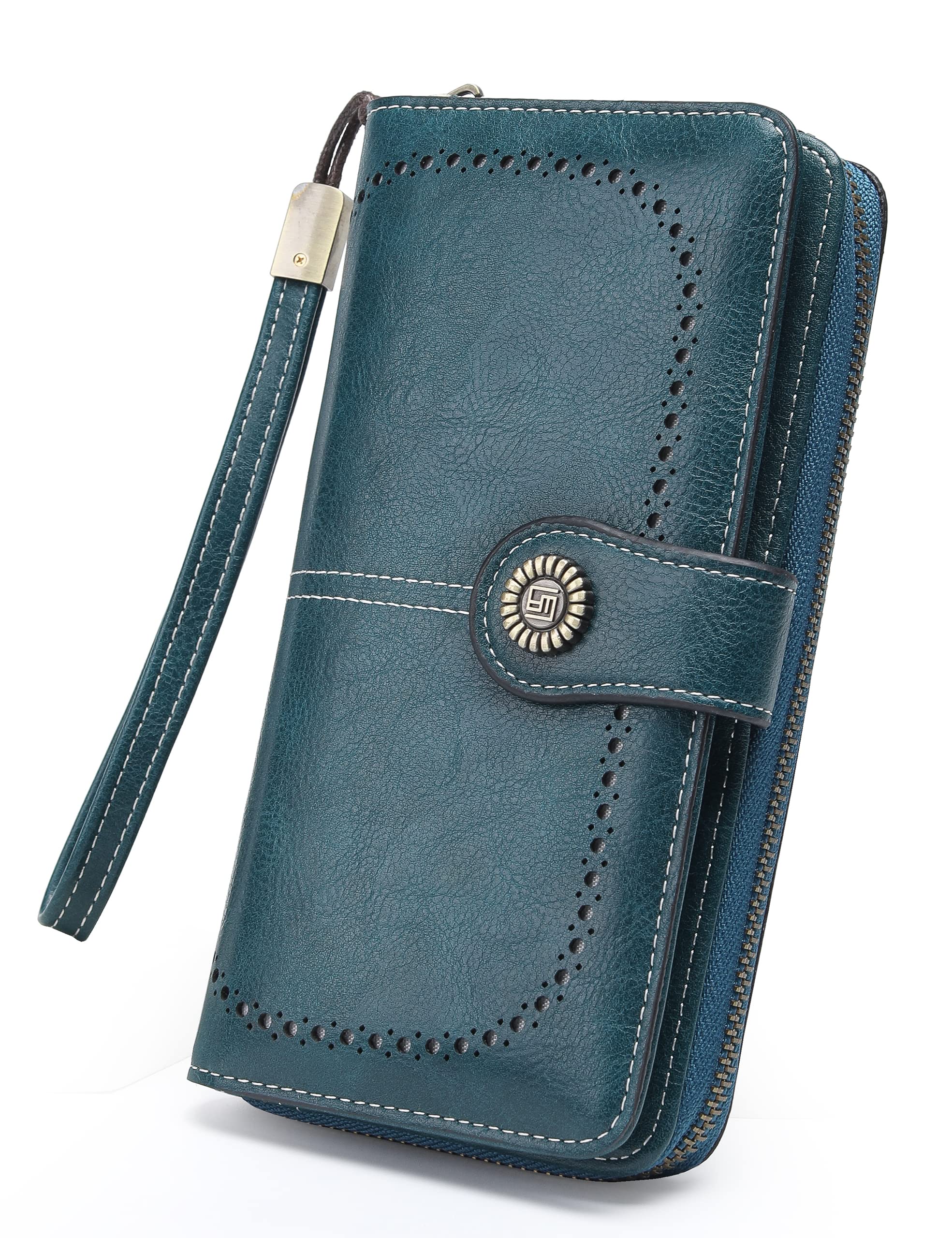 Women's Leather Wallet Large Capacity with Zipper - Peacock Blue Wristlet Card Holder for Everyday Use & Travel