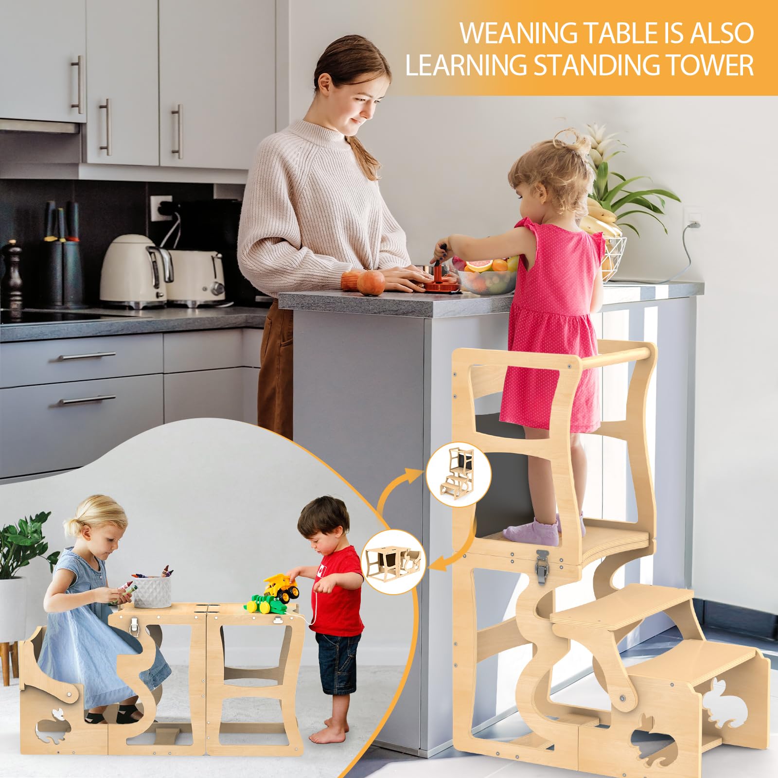 Foldable Toddler Tower & Kitchen Stool Helper - Safe Learning Wooden Step Stool for Kids, Weaning Table for Bathroom & Kitchen Counter - Perfect for Cooking, Baking & Bath Time