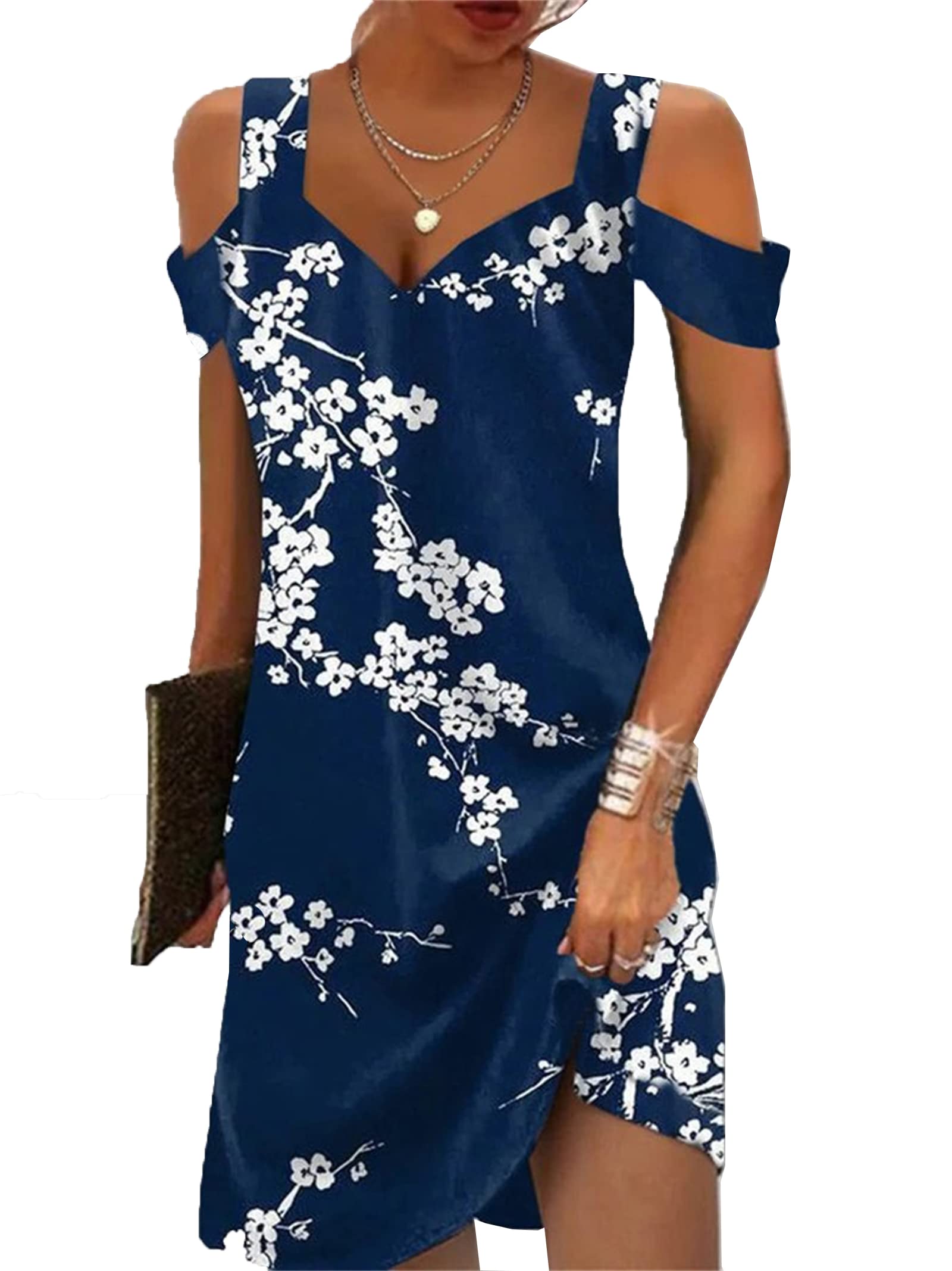 2025 Trendy Women's Summer Casual Cold Shoulder Dress - Boho Ethnic Floral Tribal Marble Print V-Neck Mini Dress for Beach, Vacation & Party Wear