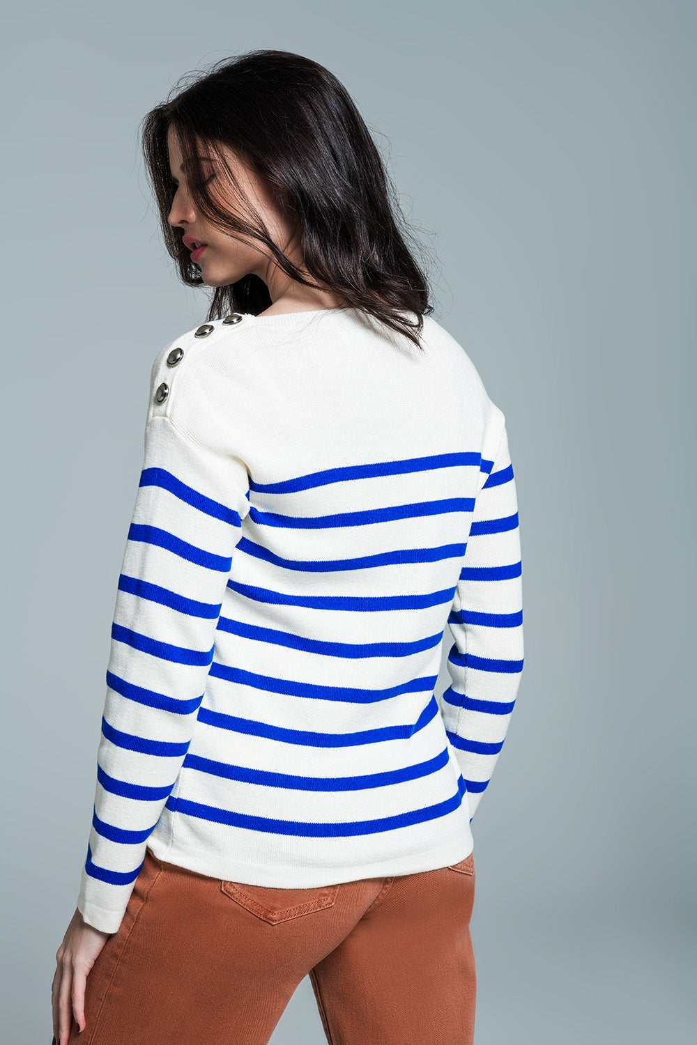 Women's White Button-Down Shoulder Stripe Blouse - Casual Office Wear & Spring Outfits