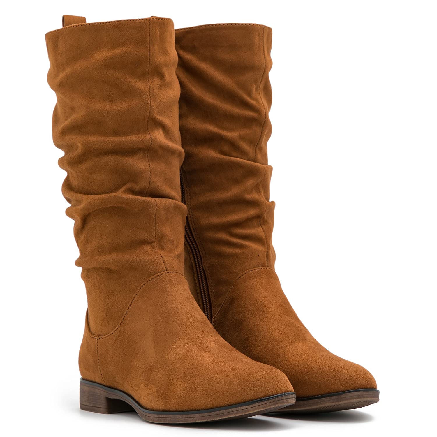 MOOMMO Women's Suede Mid Calf Slouch Boots - Flat Heel Winter Boots with Side Zipper, Round Toe & Wide Calf Design (US 4-13) | Retro Casual Boots for Everyday Wear, Office & Winter Outfits