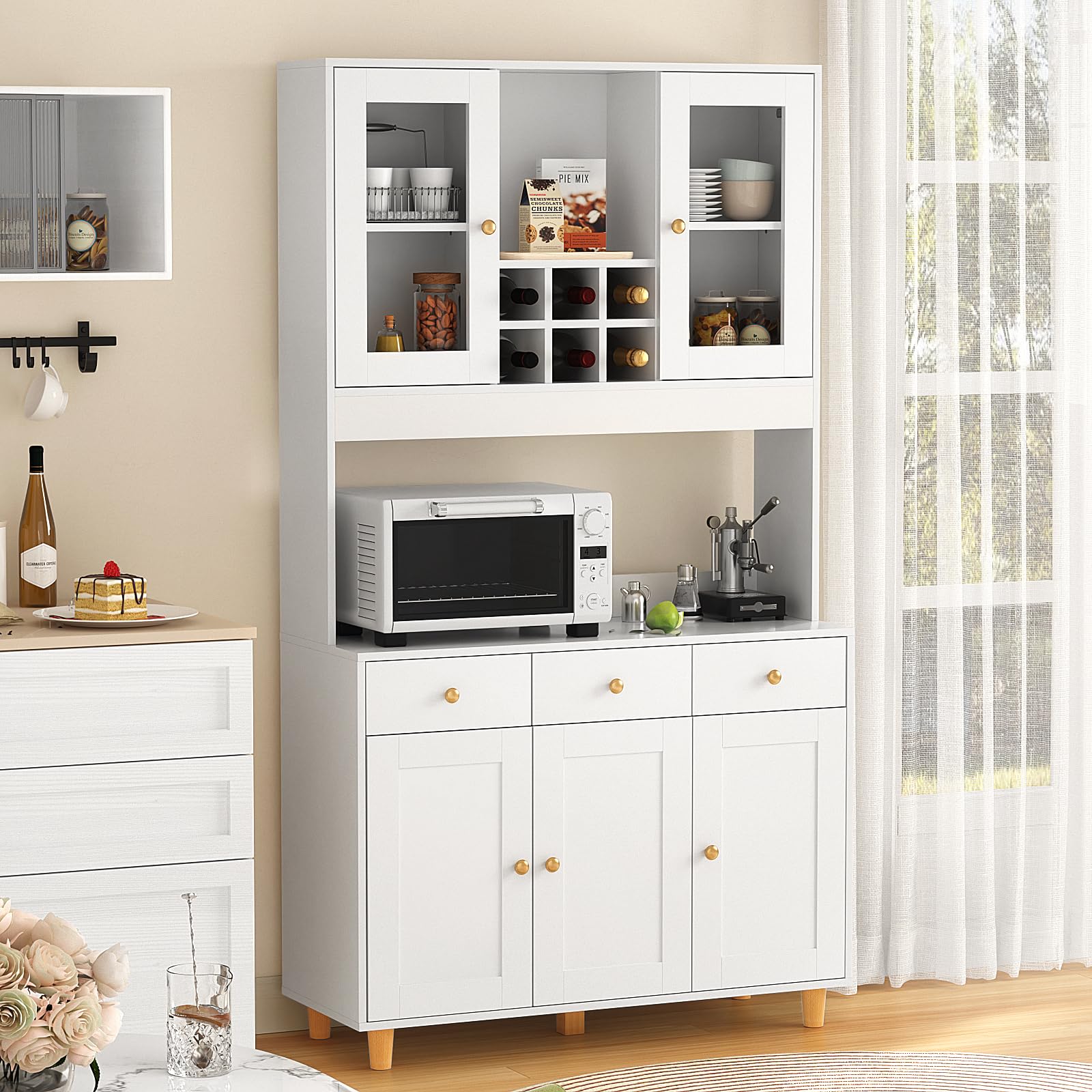 SMOOL 71 Inch White Kitchen Pantry Cabinet with 3 Drawers & Adjustable Shelves - Freestanding Storage Organizer for Spices, Cookware, and Kitchen Supplies