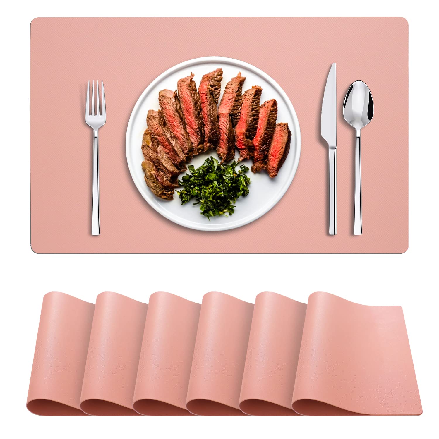 GOYLSER Set of 6 Pink Faux Leather Placemats - Waterproof, Non-Slip, Washable & Easy Clean Table Mats for Dining, Kitchen, or Party Decor (Rectangle, Wipeable)