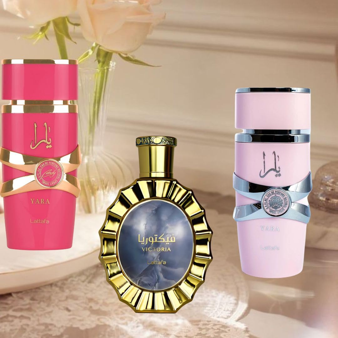 LATTAFA Yara, Yara Candy & Victoria Eau De Parfum Set - 3.4oz/100ml Each - Tropical Fruits, Creamy Gourmand & Floral Fragrance Bundle | Perfect for Daily Wear, Date Nights & Special Occasions