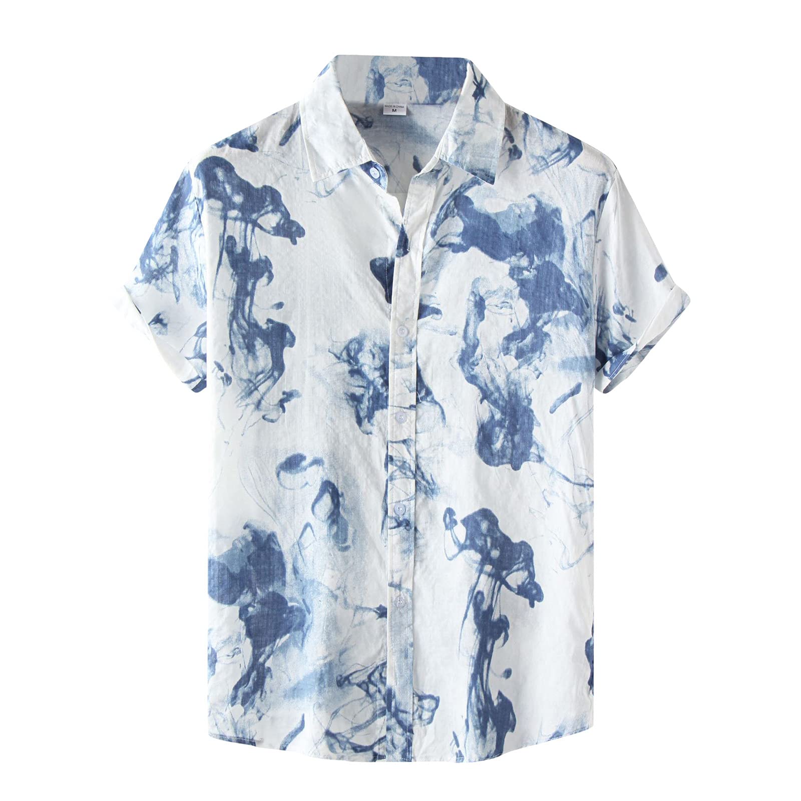 Men's Casual Long Sleeve Button Down Shirt with Turn Down Collar - Beach Short Sleeve Printed Ink Design - Perfect for Summer Outings, Office Casual Wear and Beach Vacations