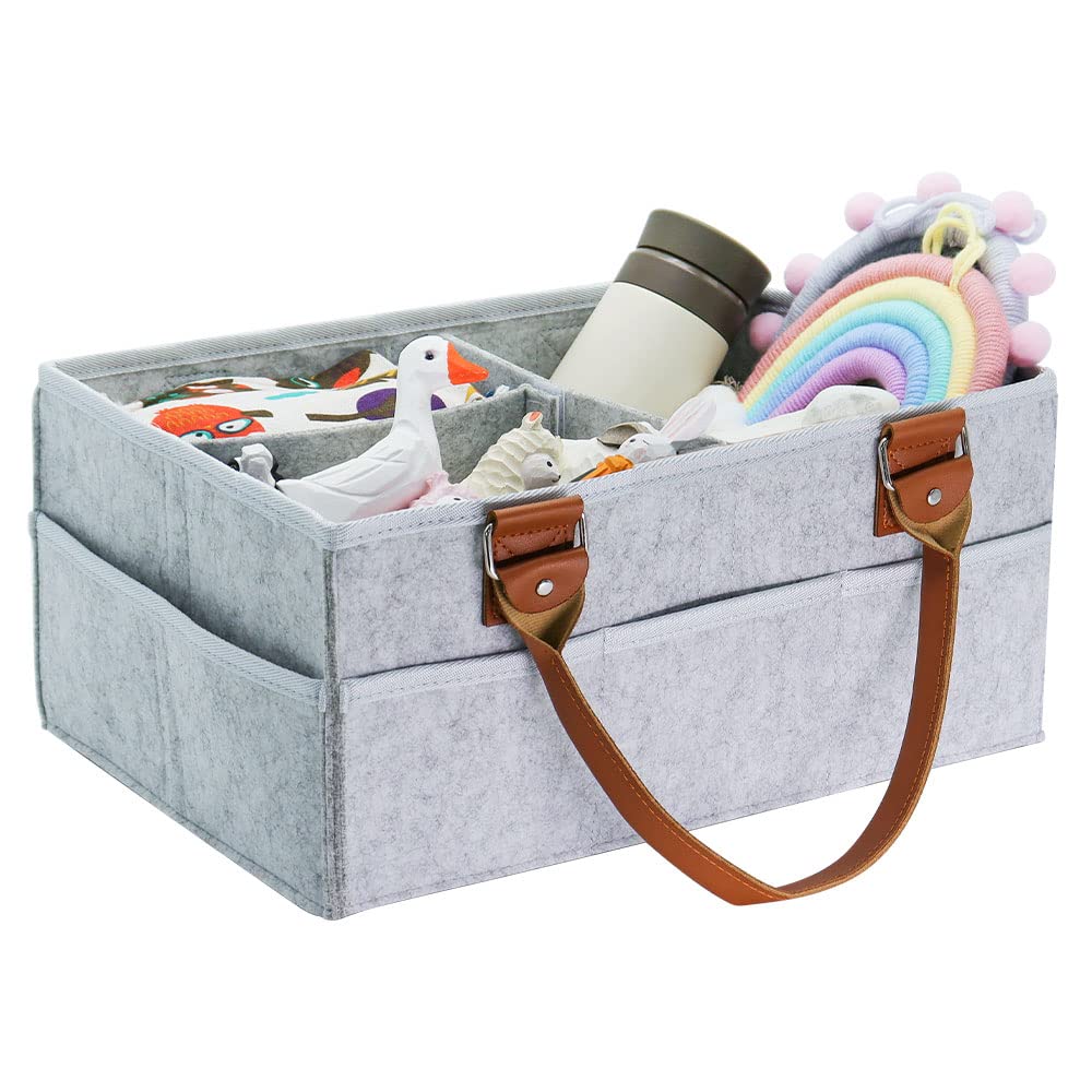 MILILOVE Large Diaper Caddy Organizer - Baby Nursery Storage Basket with Zipper Pocket & Leather Handle | Portable Storage Bin for Diapers, Wipes, Toys | Perfect Shower Gift for Newborn Boys & Girls | Ideal for Nursery, Travel & On-the-Go Parents