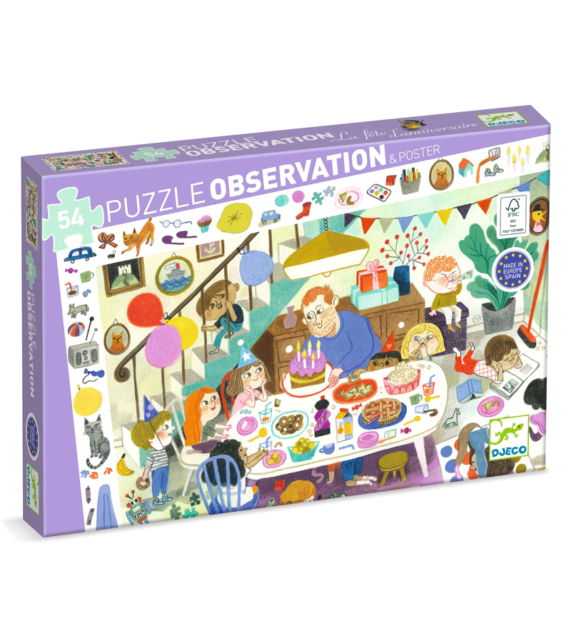 54-Piece Djeco Birthday Party Observation Puzzle - Fun & Educational Game for Kids' Birthday Parties, Family Gatherings & Classroom Activities