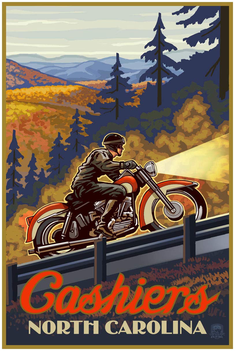 Motorcycle Giclee Art Print Poster - Cashiers North Carolina Travel Artwork by Paul A. Lanquist - 30x45 Inches - Wall Decor for Home, Office & Motorcycle Enthusiasts