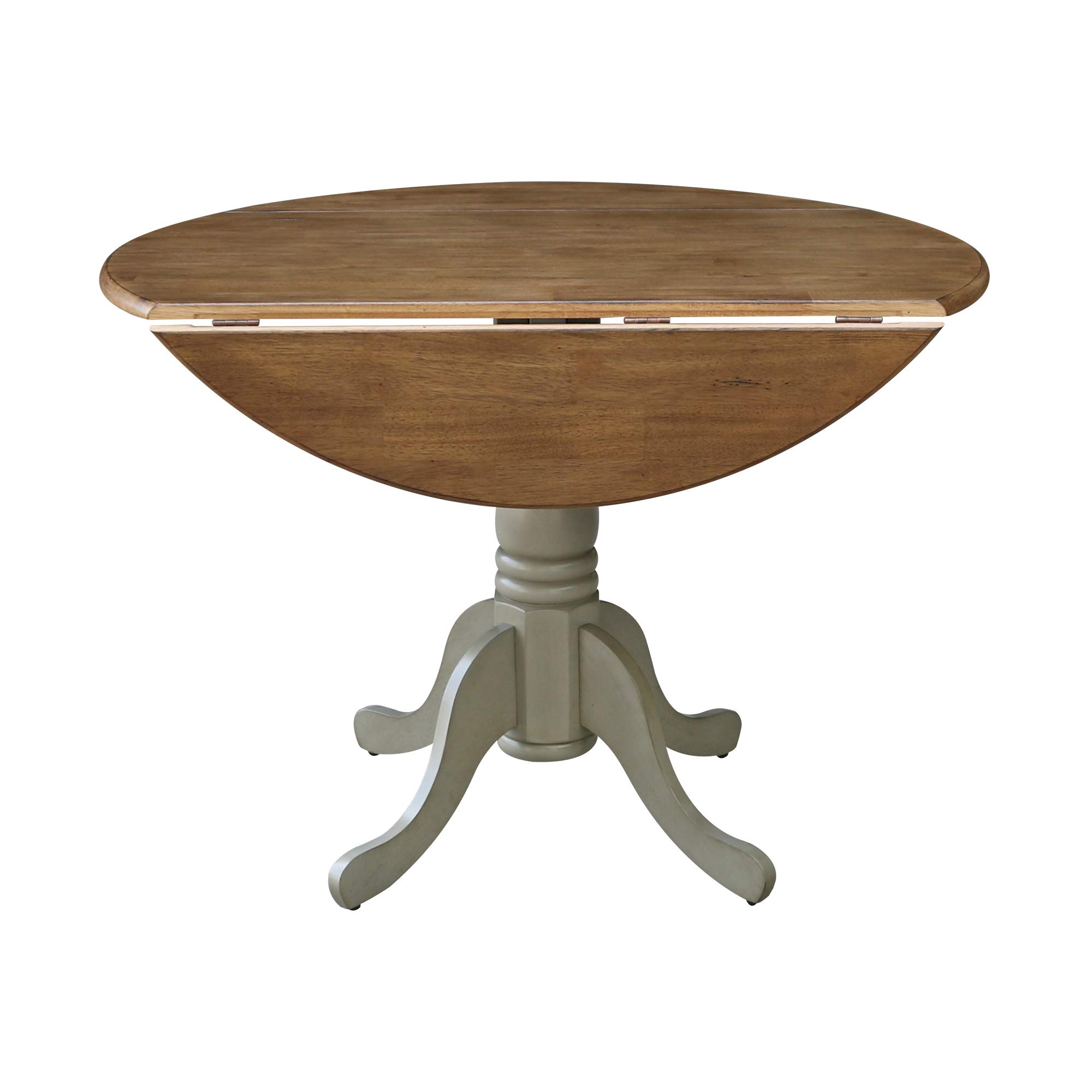 IC International Concepts 42-Inch Round Dual Drop Leaf Pedestal Dining Table - Solid Real Parawood with Distressed Hickory/Stone Finish | Perfect for Small Spaces, Kitchen Nooks & Cozy Dining Rooms