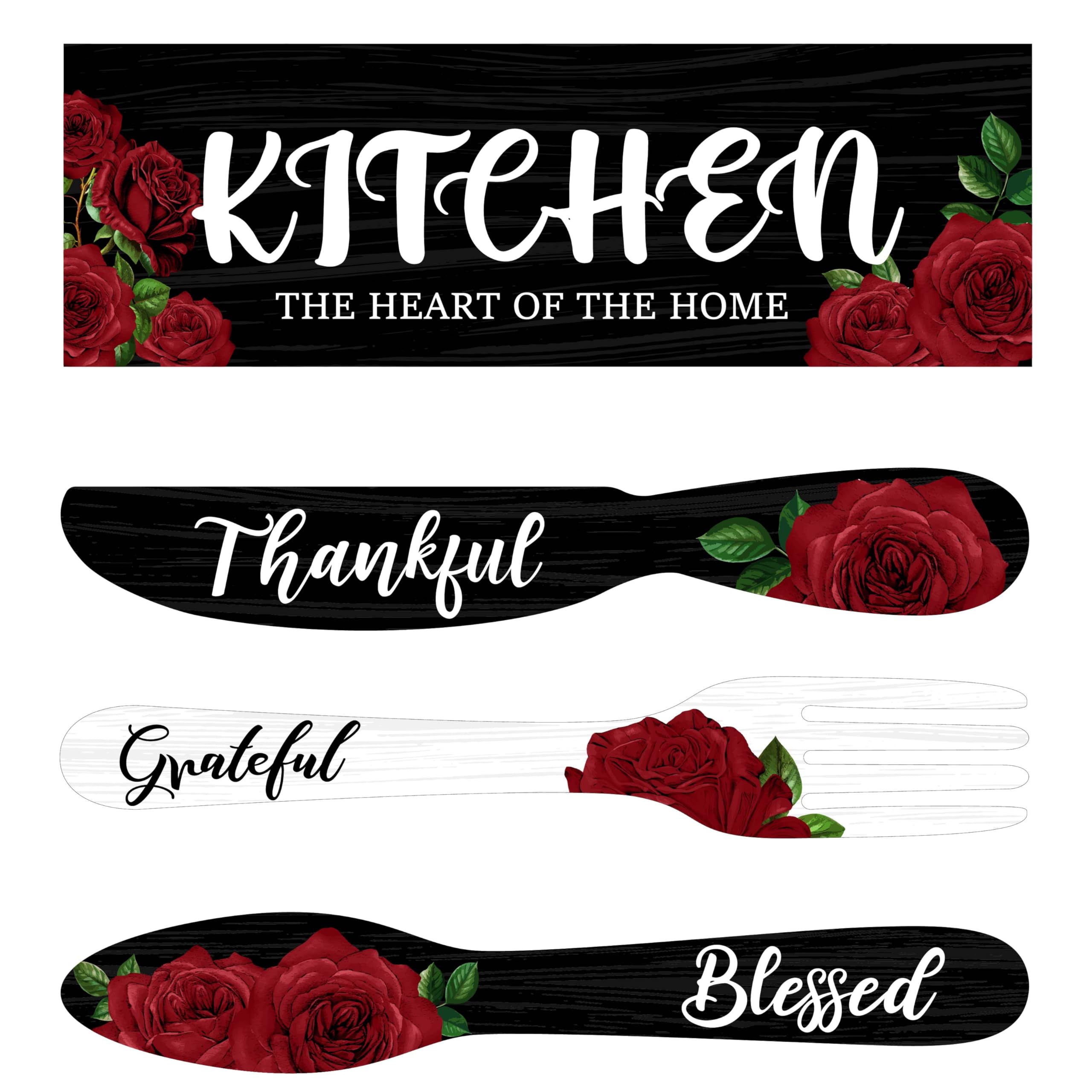 4 Pcs Red Rose Kitchen Wall Decor Set - Rustic Farmhouse Wooden Fork & Spoon for Wedding & Home Decor