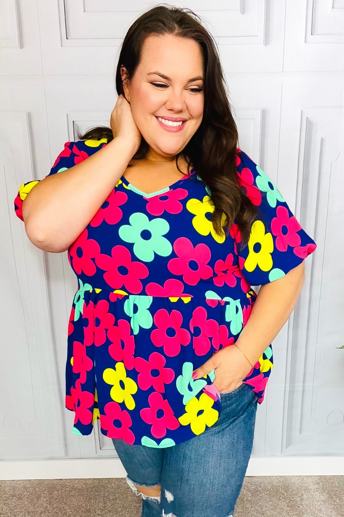 Haptics Navy Blue Floral Print Bubble Sleeve Babydoll Raglan Top - Casual Chic Blouse for Women, Perfect for Date Nights & Summer Outfits