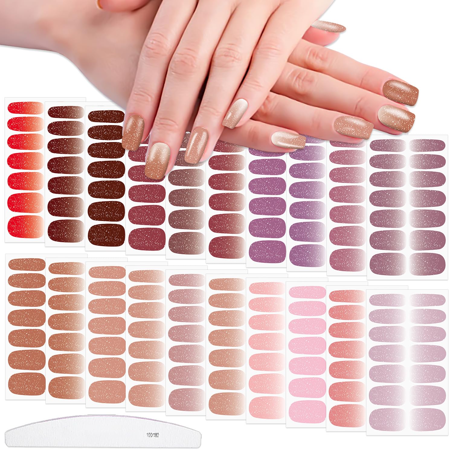 WOKOTO 20 Sheets Pink Gradient Gel Nail Stickers - Full Nail Wraps & Polish Strips for DIY Manicure | Easy Stick-On Nail Decals with Nail File | Perfect for Parties, Weddings, and Everyday Wear (Solid Pink Ombre Design)