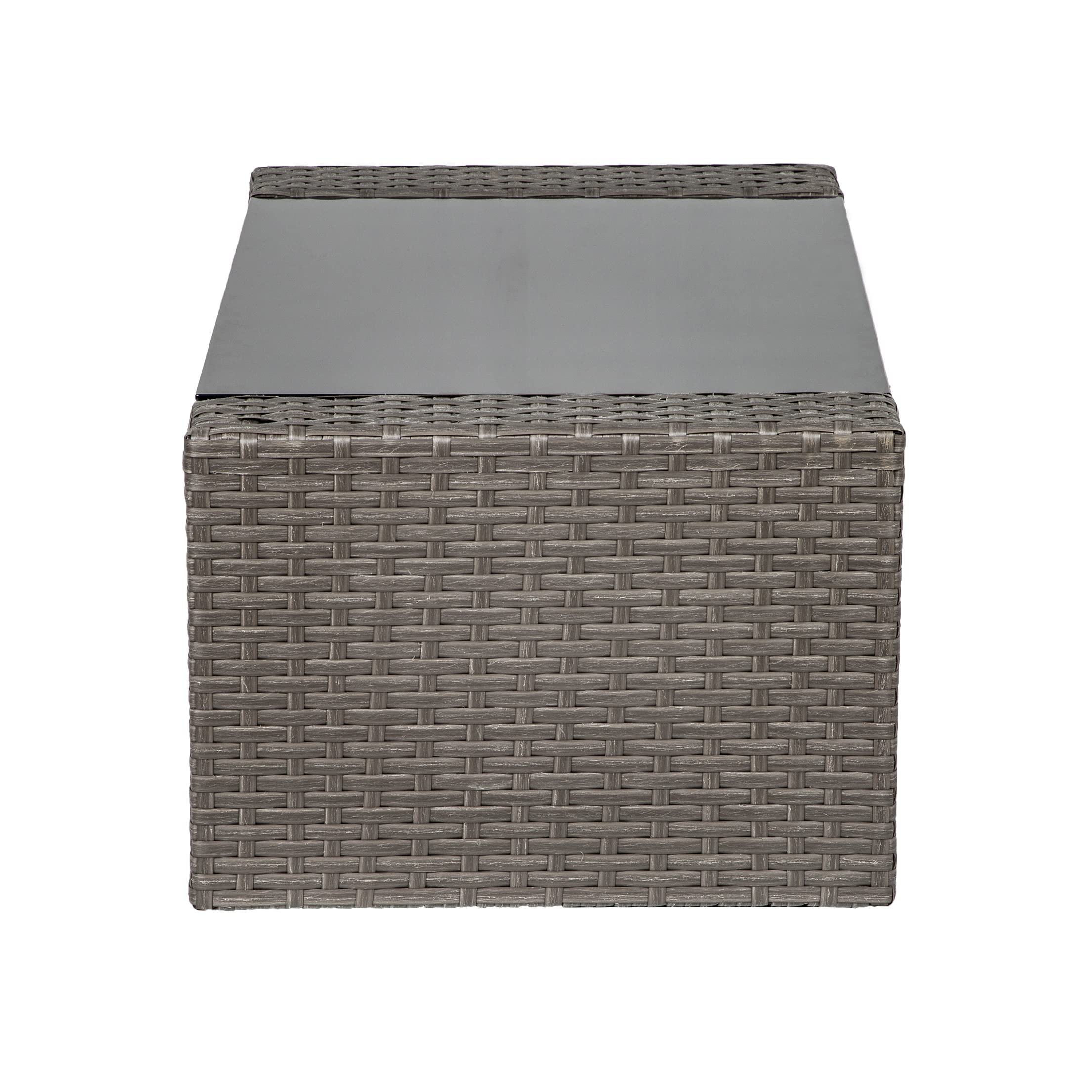 WO Home Furniture 4-Piece Patio Conversation Set - Gray Rattan Wicker Sofa, Chairs & Coffee Table with Navy Blue Pillow Cushions | Outdoor Garden Furniture for Backyard, Poolside & Terrace Relaxation