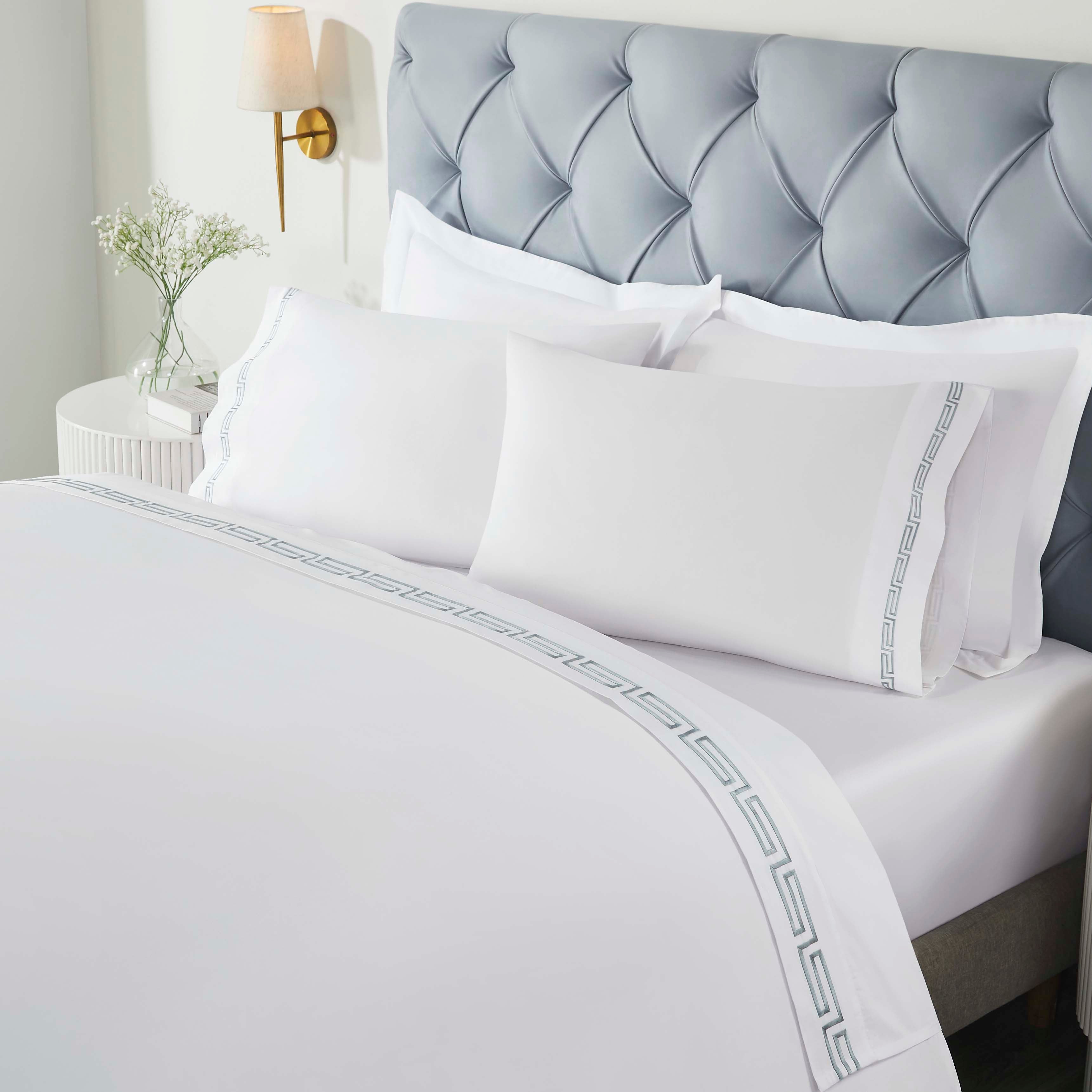 Premium Harrison Cotton Greek Key Embroidered Deep Pocket Bed Sheet Set - Queen Size Luxury Bedding for Master Bedroom & Guest Room Decor