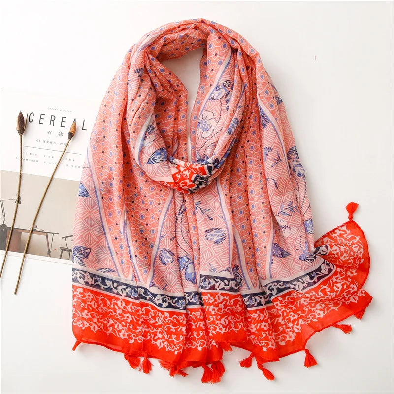2023 Fashion Paisley Abstract Floral Tassel Viscose Shawl Scarf - Women's Lightweight Pashmina Wrap Stole & Muslim Hijab (180x90cm) - Perfect for Daily Wear, Office, Parties & Prayer