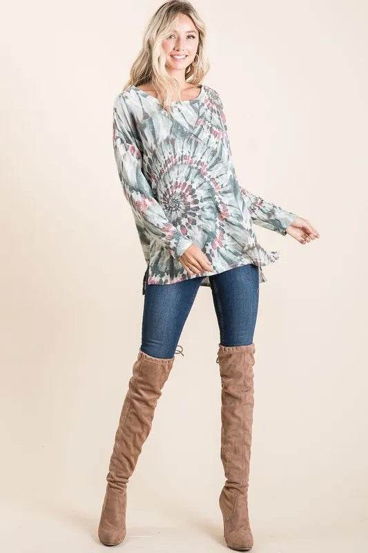 BiBi Tie Dye Terry Top with Contrast Stitching - Stylish Women's Casual Shirt for Summer Outfits, Beach Wear & Boho Fashion