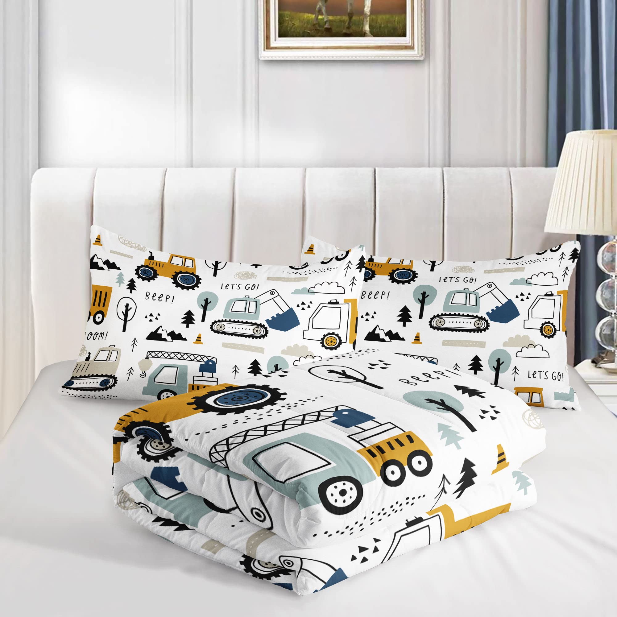 **Kids Construction Truck Bedding Set - Excavator & Bulldozer Themed Twin Comforter with 2 Pillowcases, Fun Cartoon Design for Boys & Girls - Perfect for Themed Bedrooms, Playrooms & Gift Giving**
