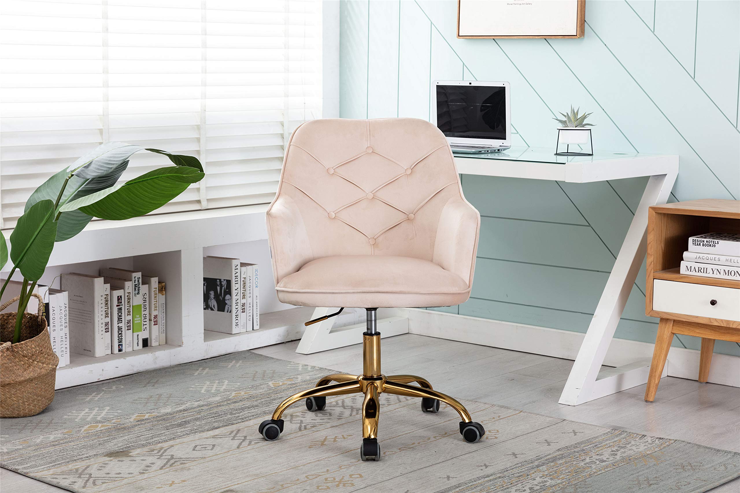 Luxury Velvet Office Chair with Tufted Back - Adjustable Swivel Desk Chair with Golden Metal Base for Home Office, Bedroom & Living Room - Perfect for Work, Study & Relaxation