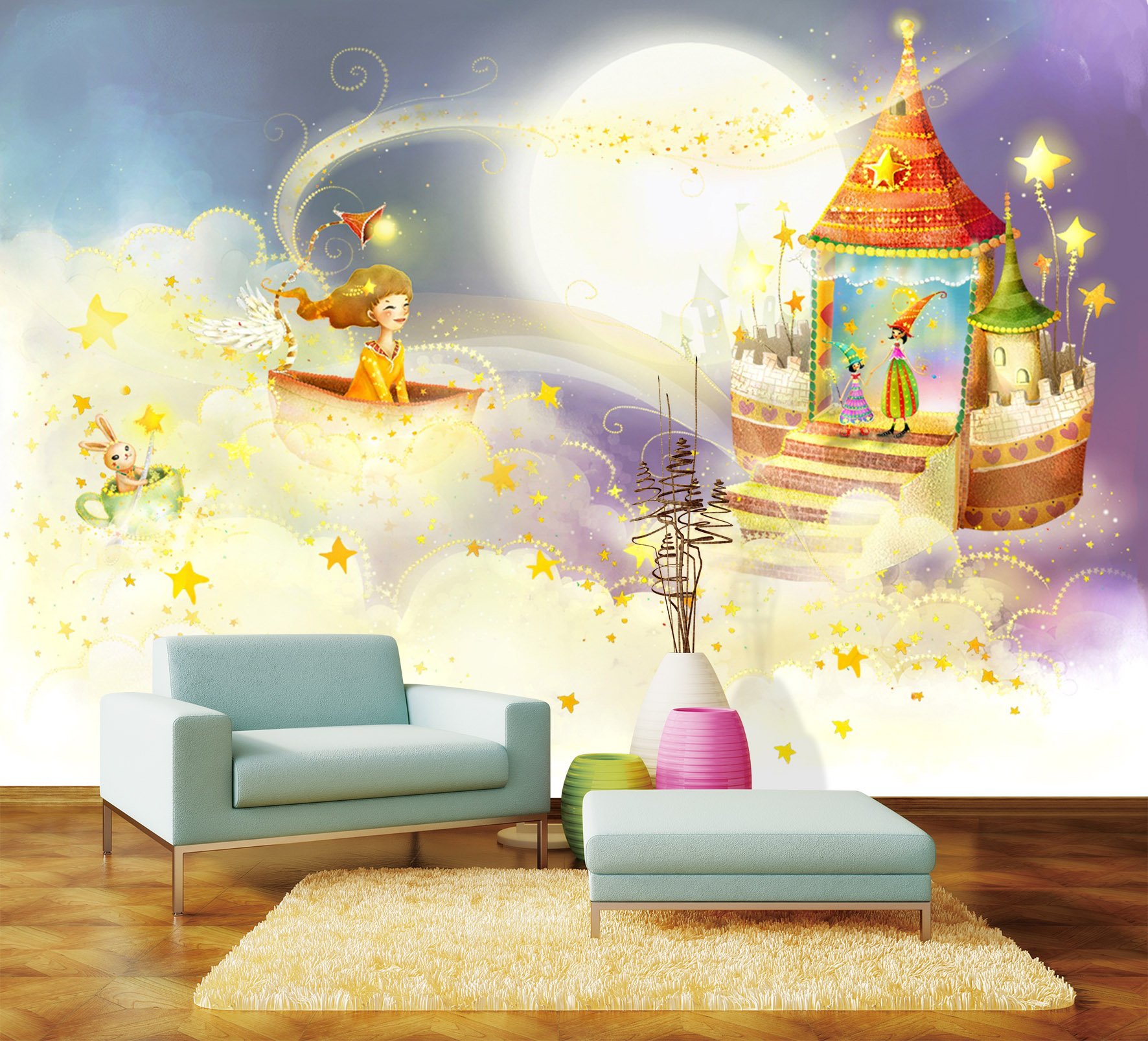 3D Moon Star Girl Castle Wall Mural - Self-Adhesive Wallpaper Decal (123”x87”/312x219cm) for Kids Room, Nursery, Bedroom Decor - No Glue Woven Paper Easy Installation