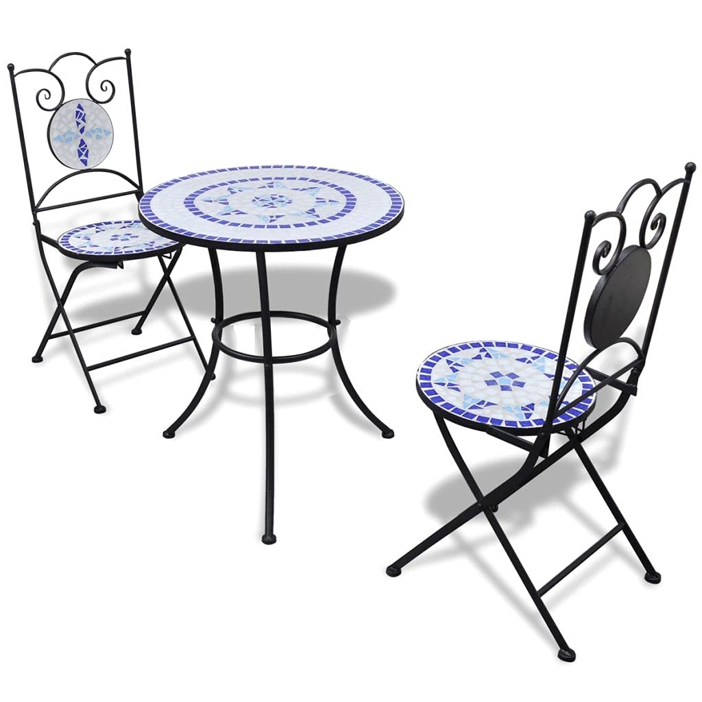 3 Piece Outdoor Bistro Set - Blue & White Ceramic Tile Cast Aluminum Dining Chairs & Table - Patio, Garden, Yard Furniture in Antique Copper Finish - Perfect for Small Spaces, Balconies, and Outdoor Entertaining