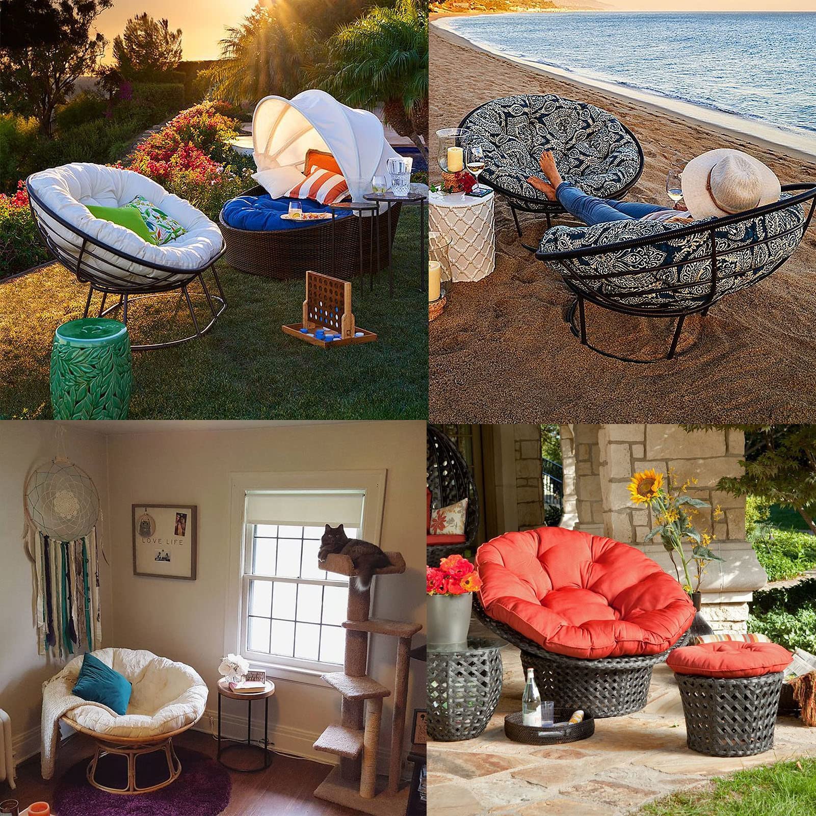 EEUK Papasan Chair Cushion - Round Quilted Hanging Egg Chair Pad with Ties for Indoor/Outdoor Use - Overstuffed Hammock Swing Seat Cushion (110x110cm, Green) - Perfect for Porch, Patio, Garden & Nursery Relaxation