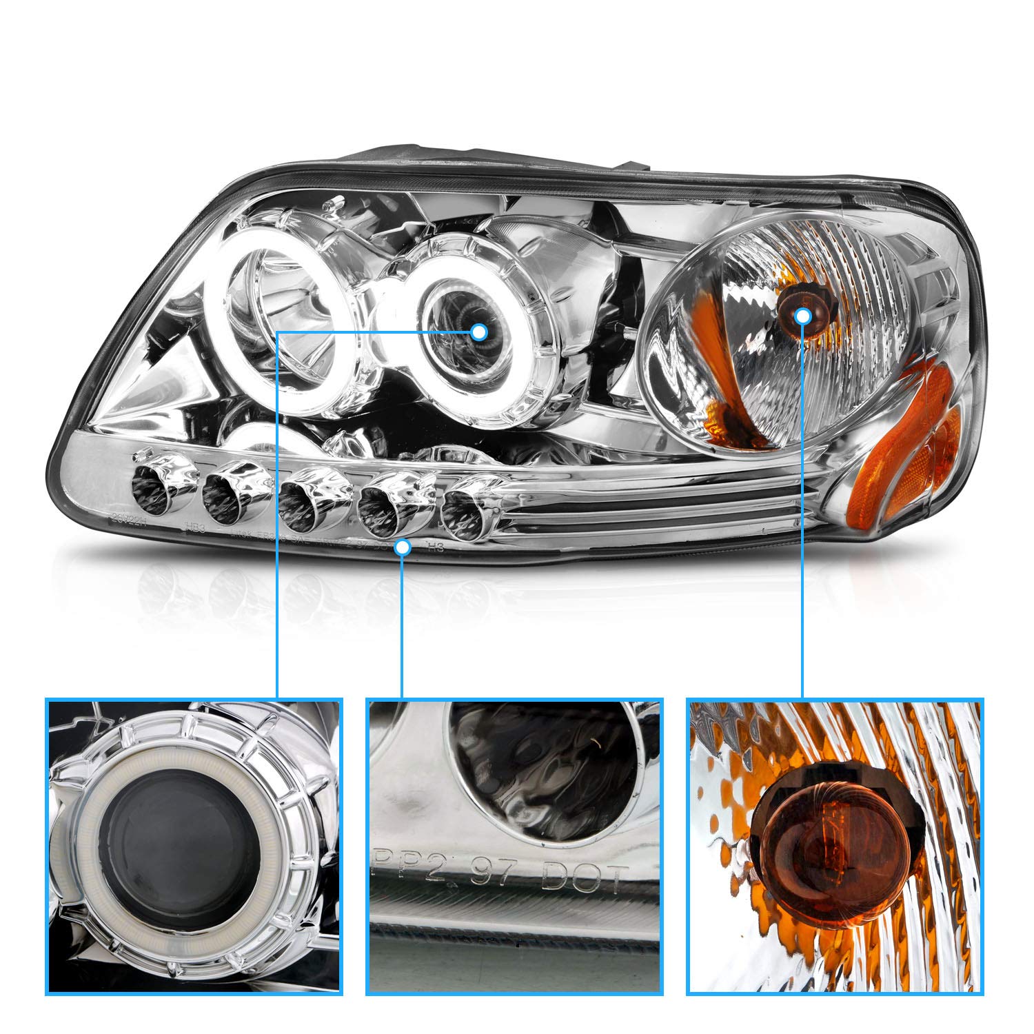 1997-2003 Ford F150 & Expedition Chrome Projector Headlights Assembly with Xtreme LED Halos - Replacement Headlights for F-Series (Passenger & Driver Side) - Perfect for Night Driving & Off-Road Adventures