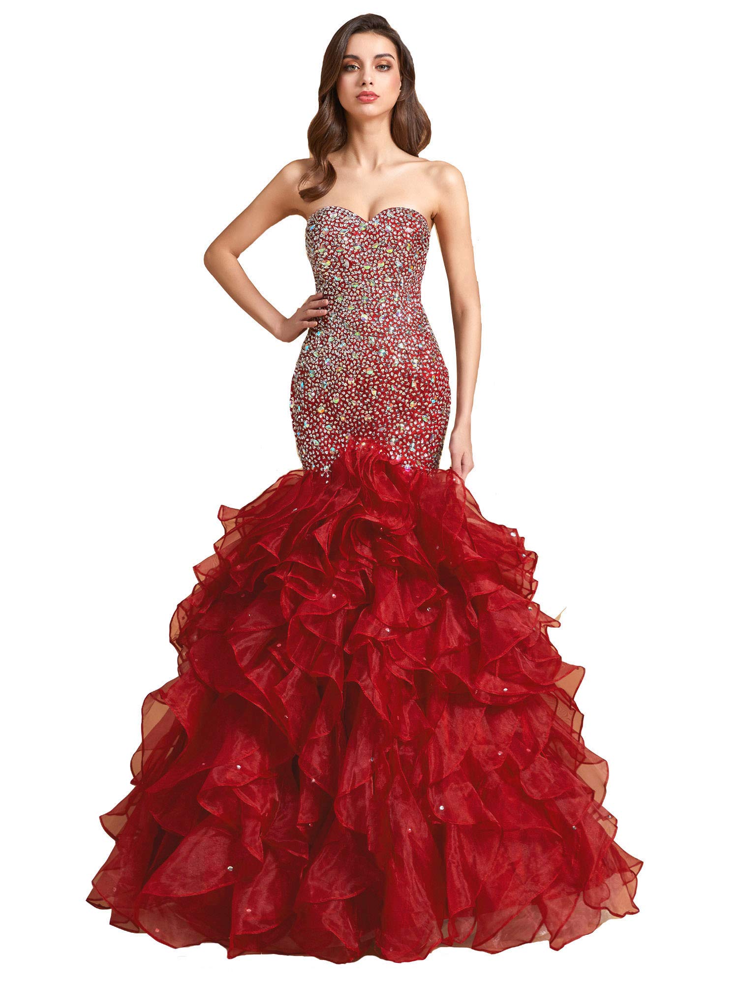 Elegant Mermaid Prom Dress with Ruffles & Beaded Sweetheart Corset - Long Formal Evening Gown for Homecoming, Wedding, Party | Crystals Embellished