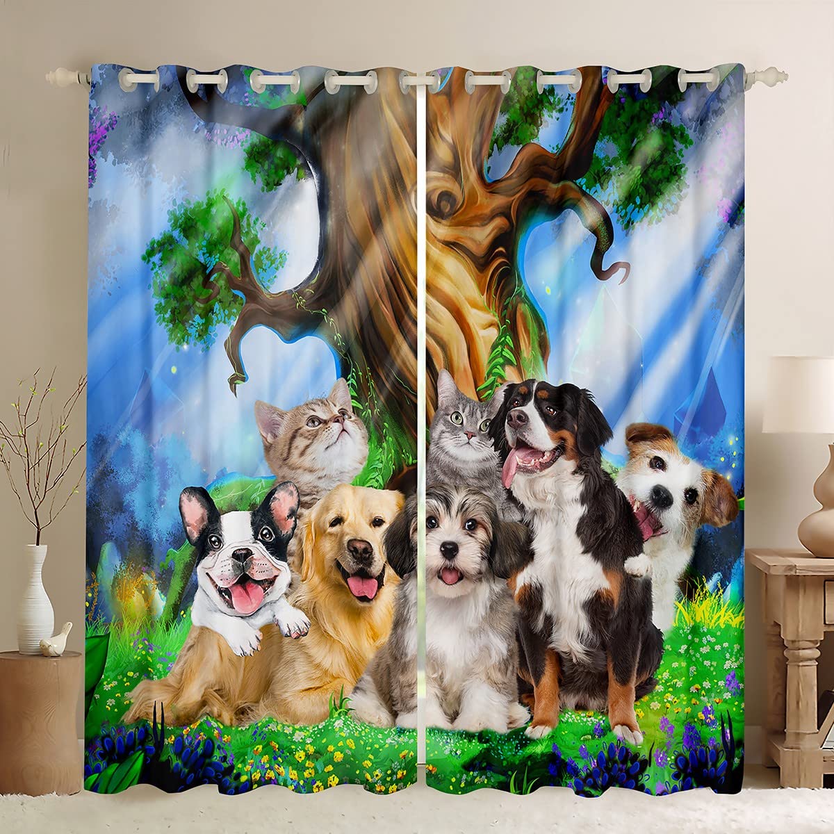Cute Cartoon Cat and Dog Window Curtains for Kids Room - Puppy & Kitten Design Blackout Drapes for Bedroom Decor (52x84 Inches, 2 Panels) - Perfect for Animal Lovers, Nursery, Playroom & Kids Bedroom