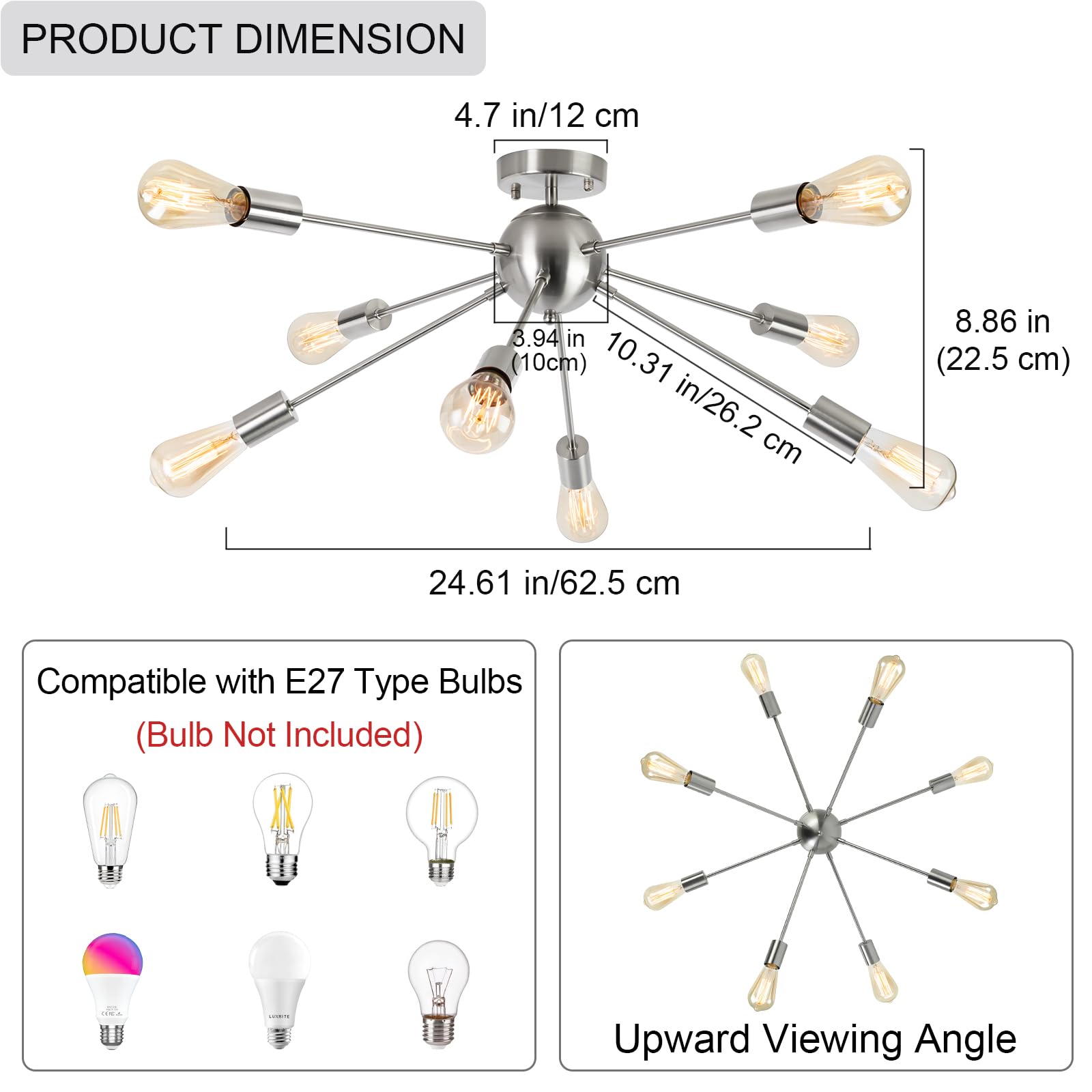 ASHUAQI 8-Light Sputnik Ceiling Fixture - Modern Chrome Semi-Flush Mount Industrial Chandelier with E27 Sockets for Living Room, Bedroom, Kitchen, Dining Room, Hallway & Lounge | Perfect for Contemporary Home Decor & Industrial Style Lighting