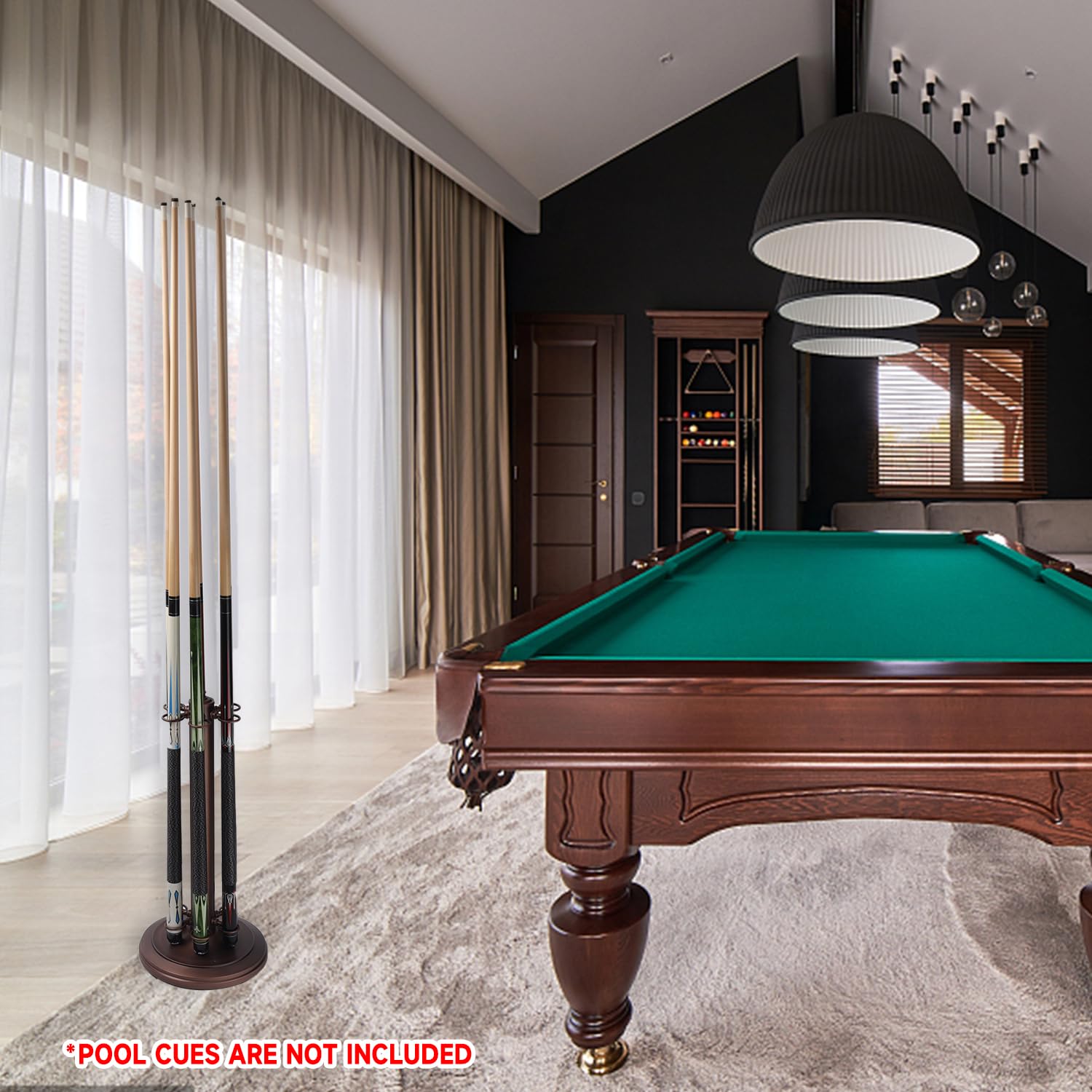 GSE Games & Sports Expert 6-Slot Metal Billiard Pool Cue Rack - Heavy Duty Stand Style Cue Holder for Pool Sticks (Black/Chrome/Walnut) - Perfect for Home Game Rooms, Bars, and Billiard Clubs