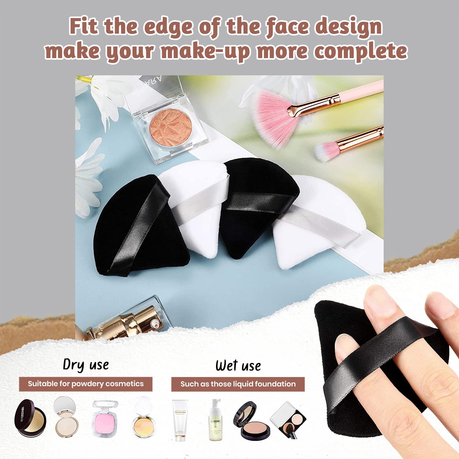 QLines® 4-Piece Triangle Powder Puffs - Soft Reusable Makeup Sponges with Silky Ribbon for Foundation, Pressed & Loose Powder - Ideal for Dry & Wet Makeup Application - Perfect for Travel, Professional Makeup Kits & Everyday Beauty Routine