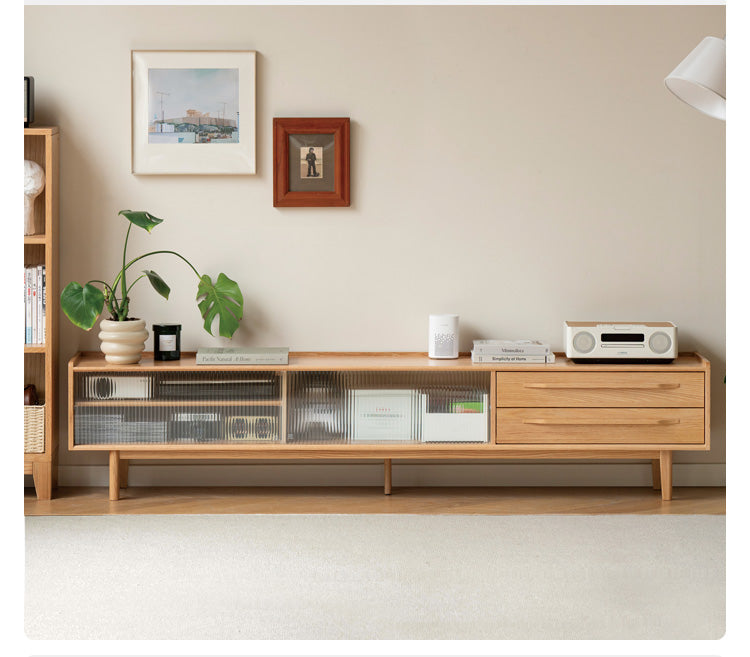 Solid Oak Wood TV Stand with Sliding Doors - Modern Entertainment Center for Living Room, Bedroom & Home Theater