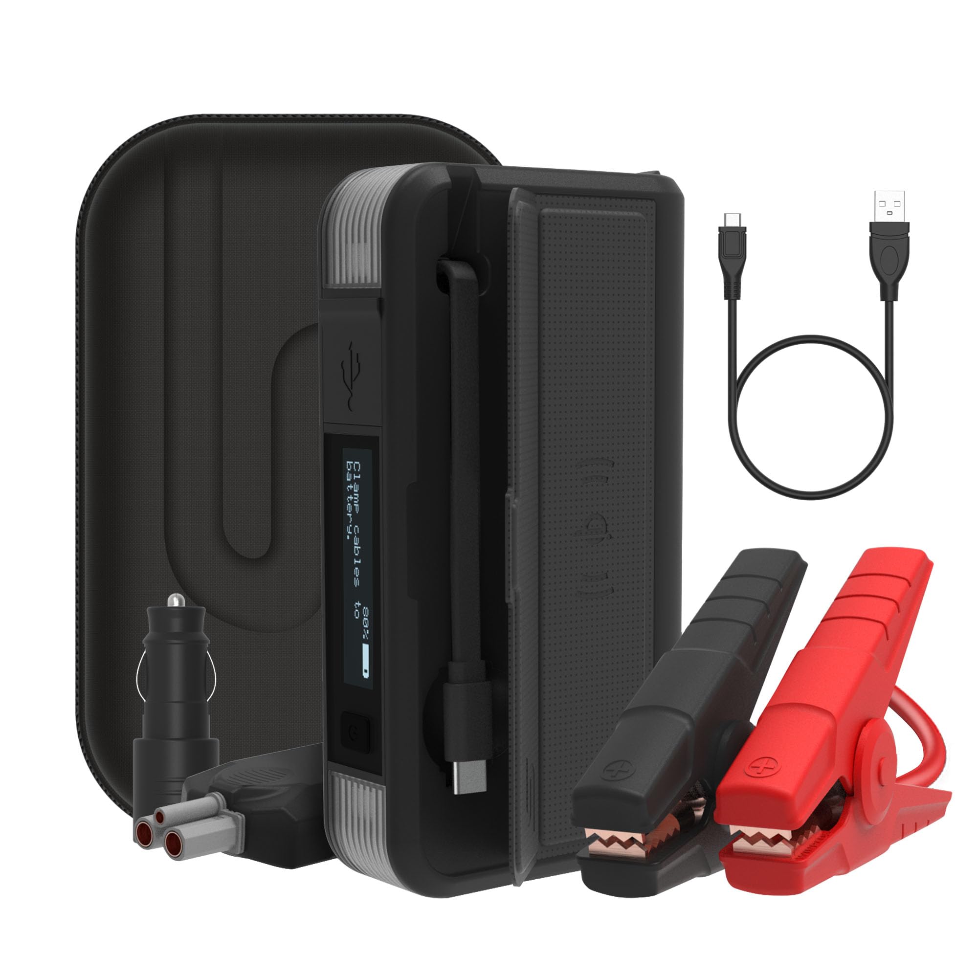 Type S 1000A 12V Car Battery Jump Starter - 8000mAh Portable Power Bank for 6.0L Gas & 3.0L Diesel Engines | Built-in Cables, Qi Wireless Charging, LCD Display, Flashlight | UL-Listed & MFI Certified (Black, USB-C Cable Included) - Perfect for Roadside Emergencies, Camping & Power Outages
