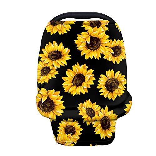 GIFTPUZZ Sunflower Baby Car Seat Cover - Stretchy Breathable Adjustable Universal Fit Infant Car Seat Canopy for Newborns (Black & Yellow) - Perfect for Boys & Girls, Ideal for Travel, Shopping & Outdoor Protection