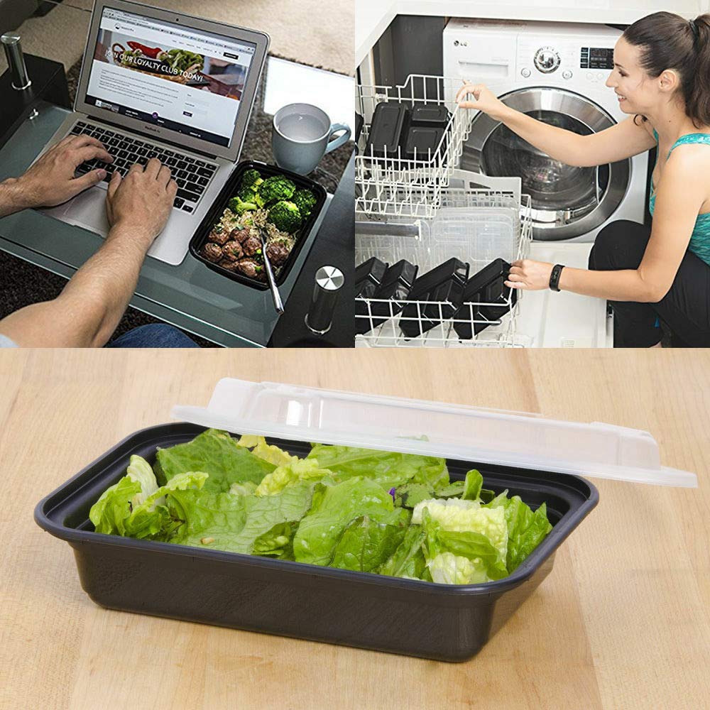 38oz Disposable Black Meal Prep Containers with Clear Dome Lids - 30 Pack Leakproof Plastic Bento Boxes for Salad, Fruits & Food Storage - Reusable Rectangular Takeout Containers for Office Lunch, Picnics & Meal Prepping