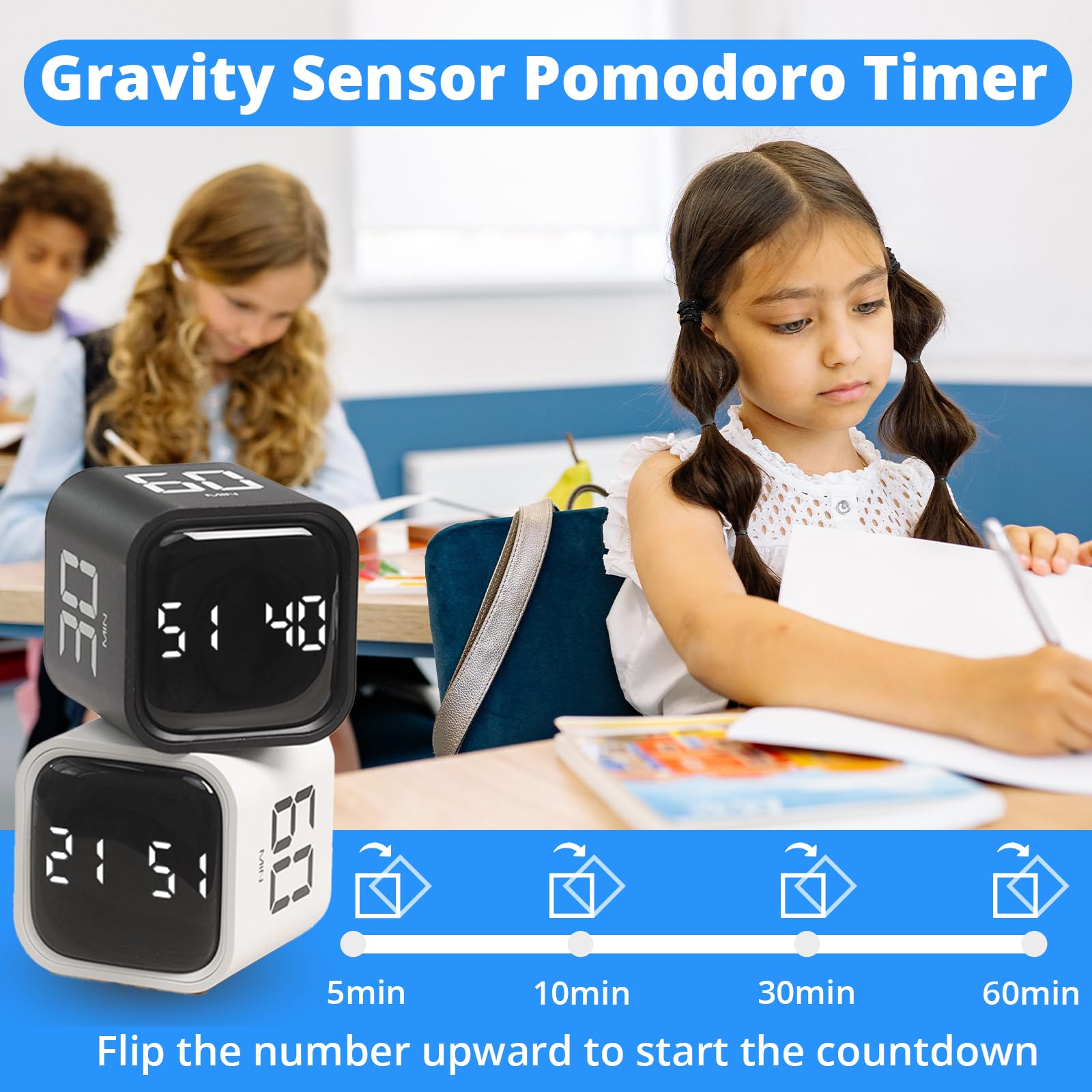 Productivity Timer Cube with Gravity Sensor - Countdown & Countup Timer (Mute/Vibrate/Sound) - 5/10/30/60min & Custom Timing - Ideal for ADHD Focus, Office Work, Study Sessions & Kitchen Cooking