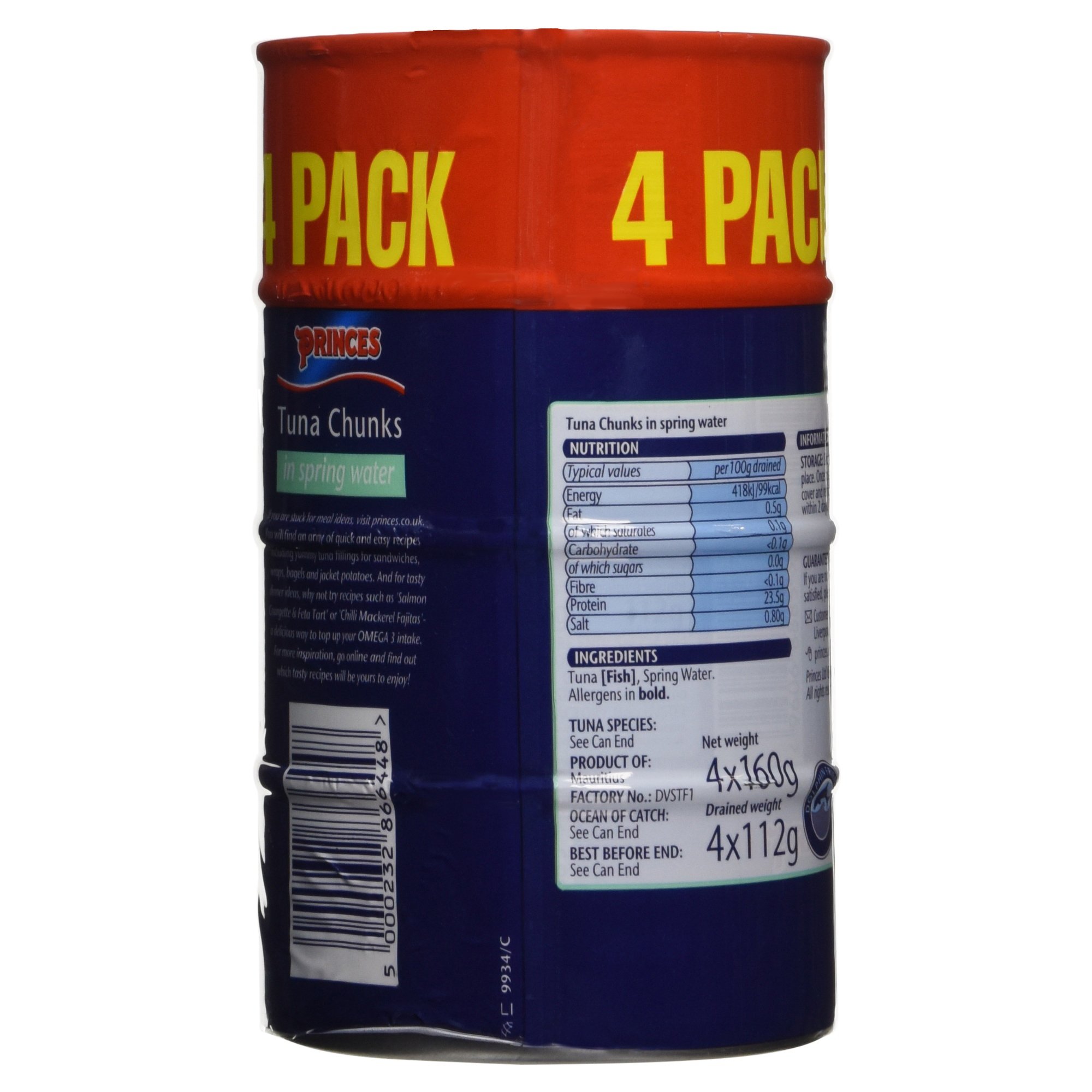 Princes Tuna Chunks in Spring Water - 4 Pack (4x160g) - Perfect for Salads, Sandwiches & Healthy Snacks