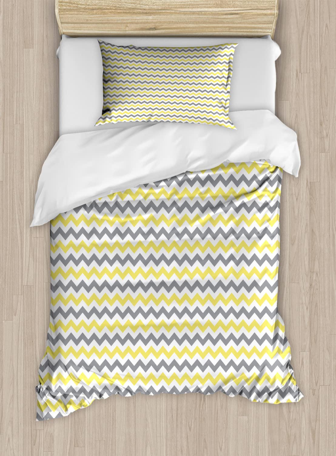 Ambesonne Grey Chevron Duvet Cover Set - Soft Geometric Parallel Lines & Triangle Waves Design - 2-Pack Twin Size Bedding Set with 2 Duvet Covers & 2 Pillowcases - Pale Yellow & White - Perfect for Modern Bedrooms & Guest Rooms
