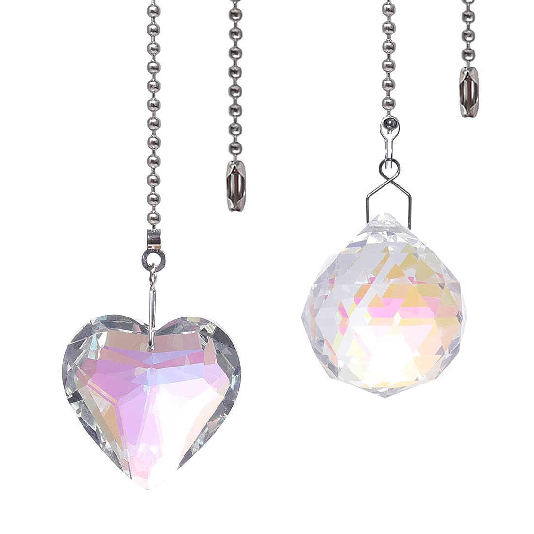 Dazzling Crystal Ceiling Fan Pull Chain Set - 45mm Crystal Heart & AB Coat Crystal Prism Ball (Pack of 2 with Connector) | Elegant Home Decor for Living Room, Bedroom & Porch