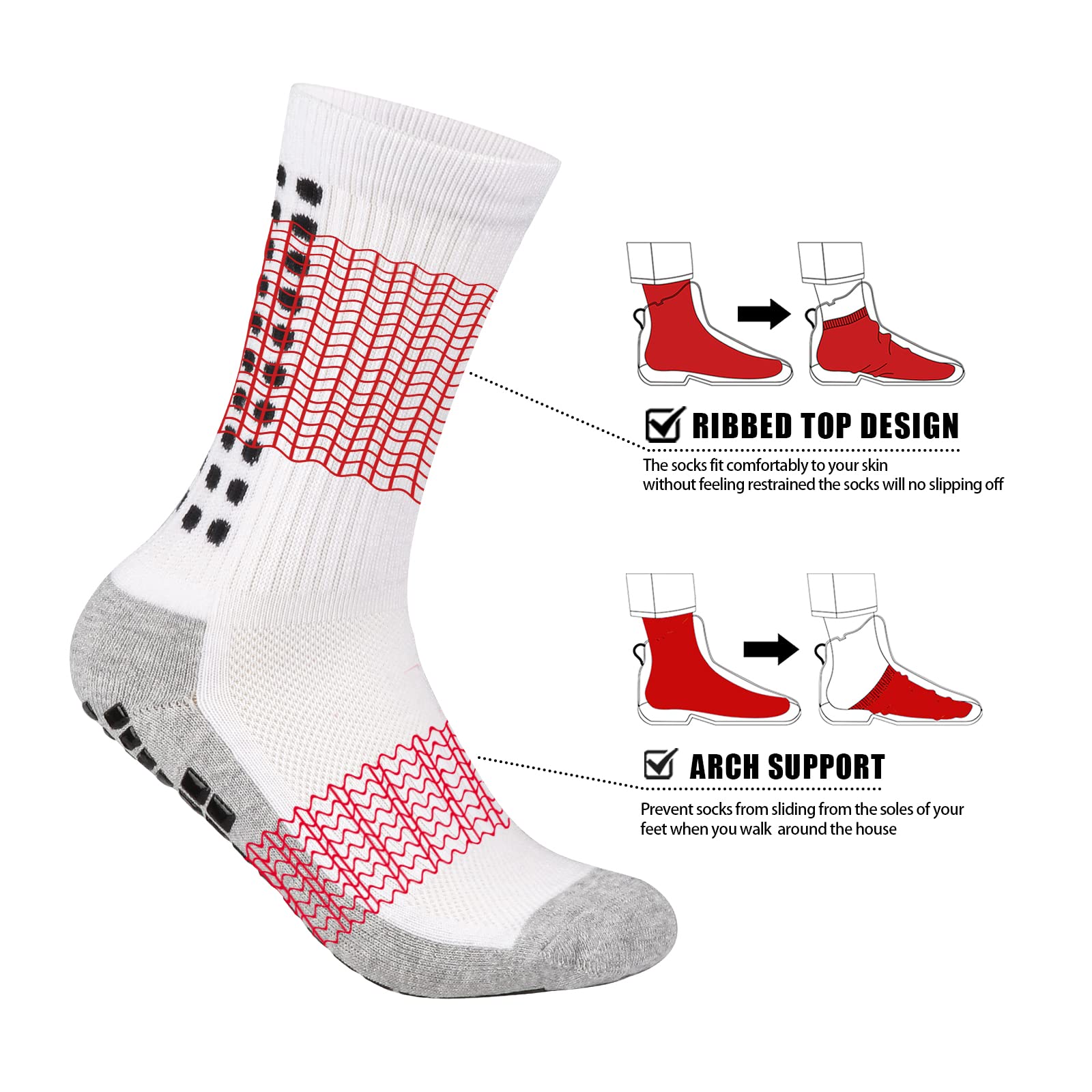 YUEDGE Men's Non-Slip Soccer Grip Socks - Cushioned Crew Athletic Socks for Basketball, Pilates & Sports (3 Pairs) - Perfect for Training, Gym Workouts & Active Lifestyles