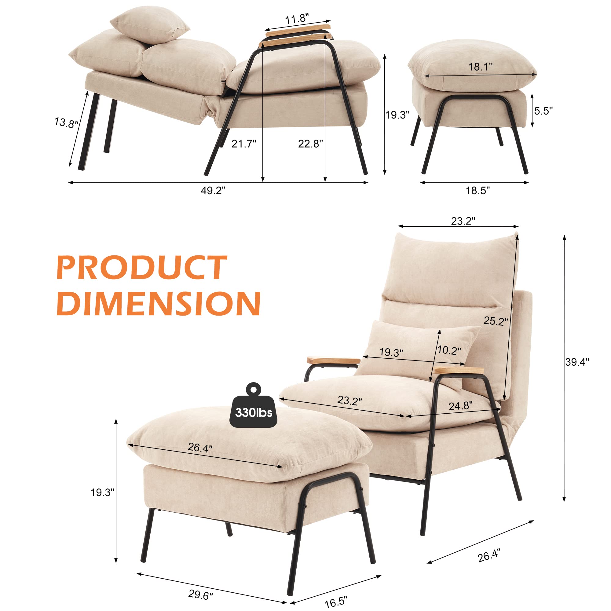 MCombo Modern Fabric Accent Recliner Chair with Ottoman - Upholstered Armchair & Sofa Bed for Living Room, Bedroom, Small Spaces 4055 (Black Frame, Beige) - Perfect for Relaxing, Reading & Napping in Home or Office