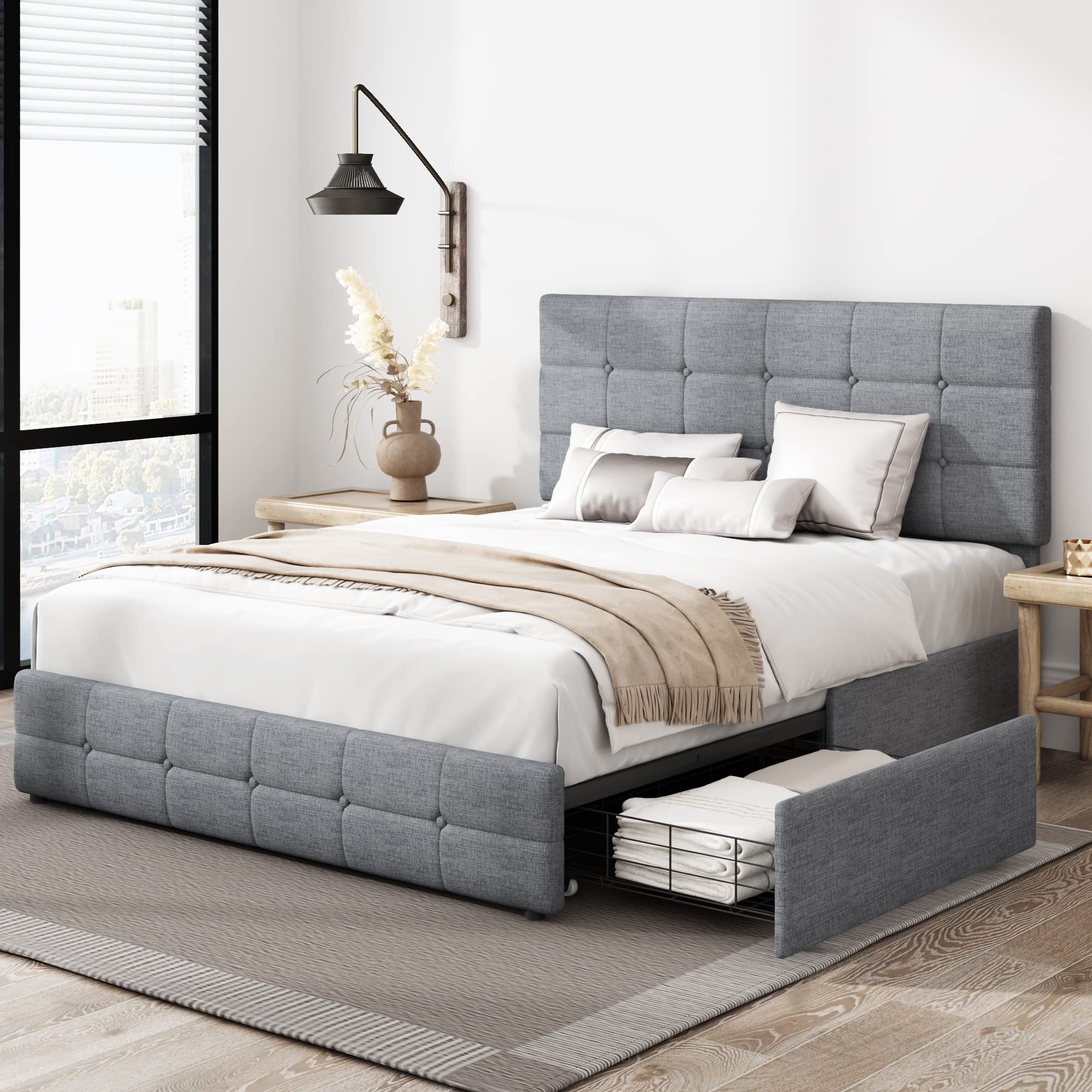 Keyluv Modern Upholstered Full Size Bed Frame with 4 Storage Drawers - Adjustable Button Tufted Headboard, Solid Wood Slat Support - Easy Assembly, Grey - Perfect for Small Bedrooms & Guest Rooms