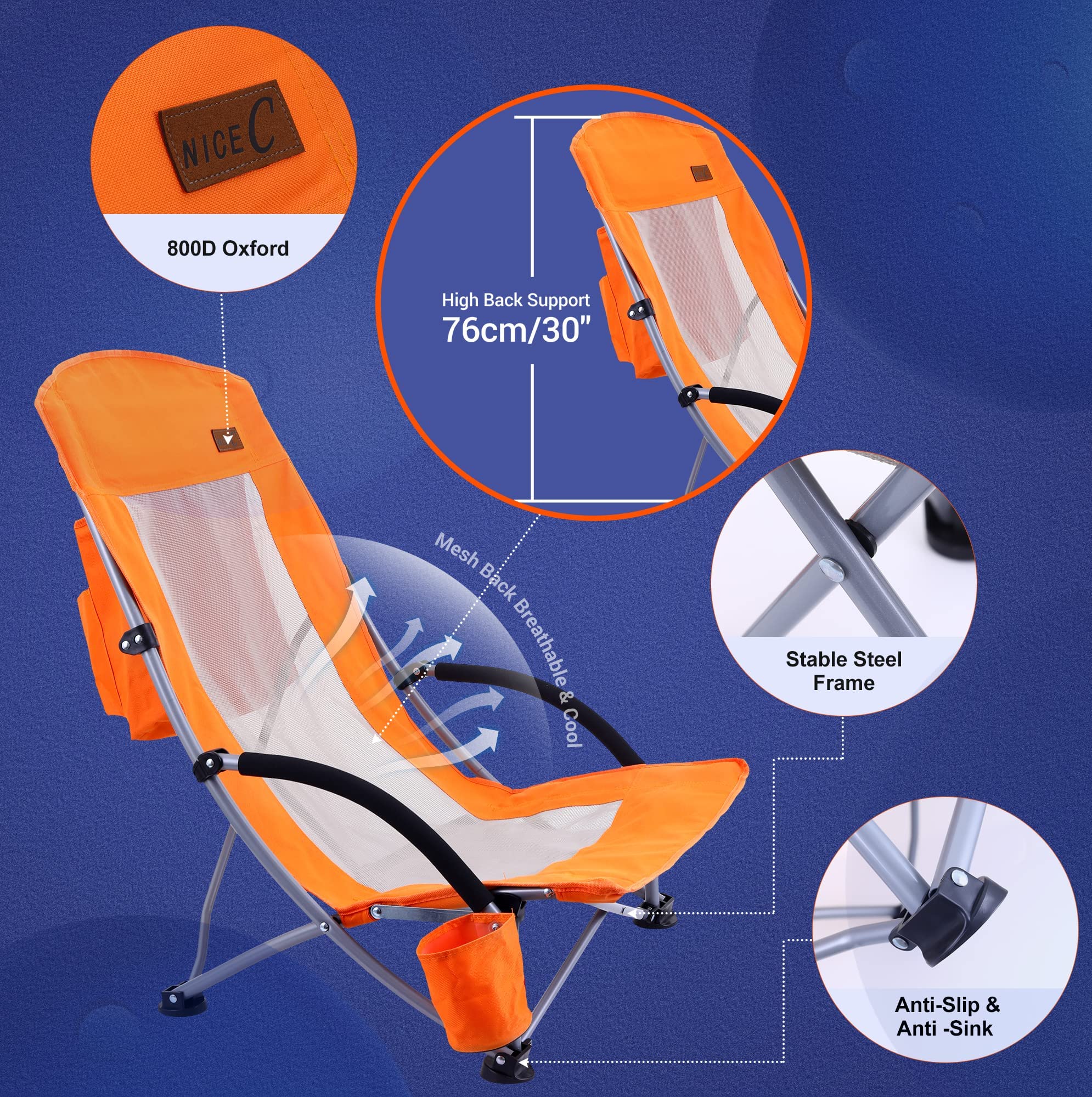 Premium 2-Pack High Back Beach Chairs for Adults with Cooler, Cup Holder & Carry Bag - Heavy Duty Portable Folding Chairs for Outdoor, Camping, BBQ, Travel, Picnic, Festival (Orange) - Perfect for Beach Relaxation, Backyard Lounging & Summer Adventures