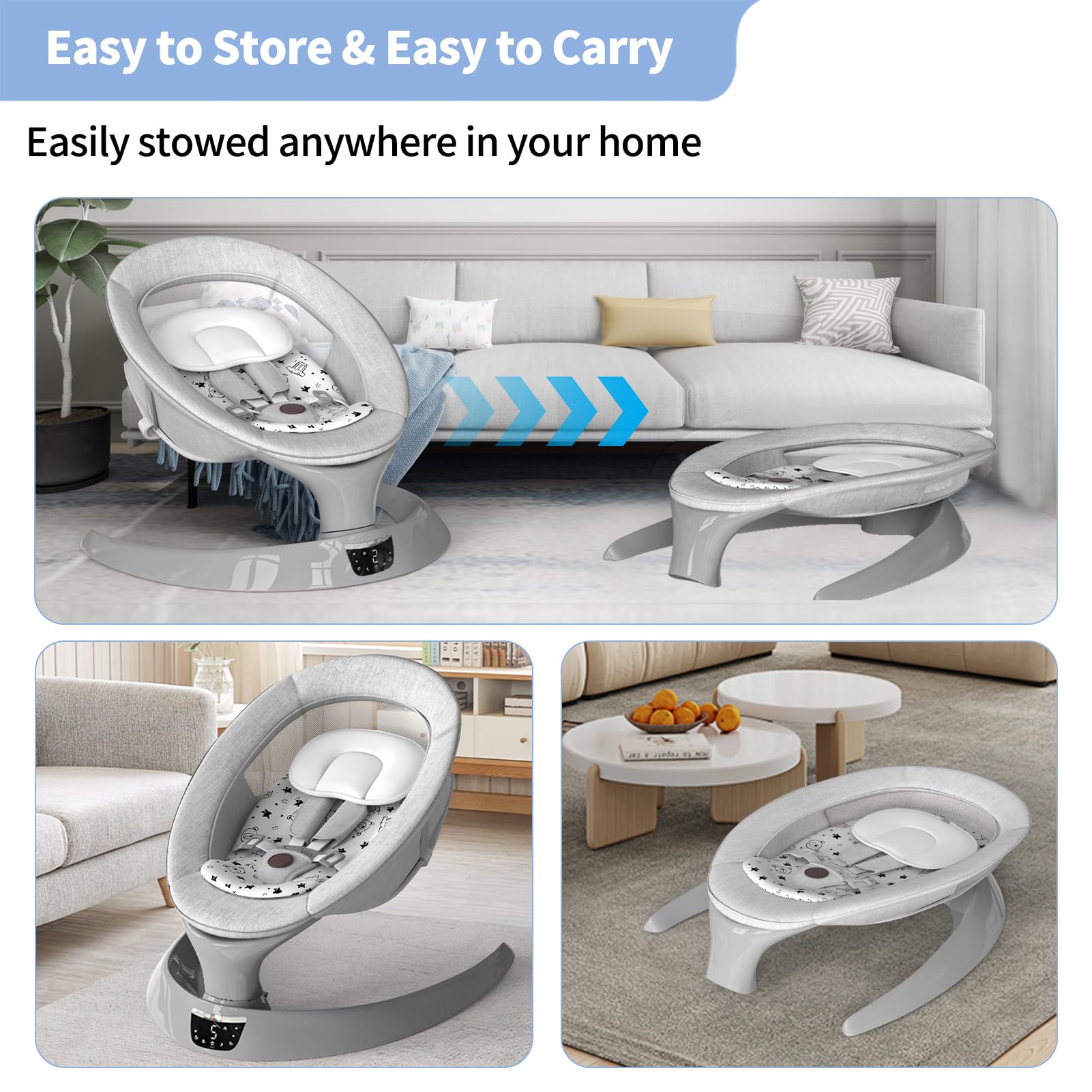 Electric Baby Swing for Infants - Portable Rocker with Bluetooth, 5 Speed Settings, 12 Lullabies & 5 Nature Sounds - Perfect for Newborns & Toddlers (0-12 Months) - Ideal for Nursery, Living Room & Travel Use