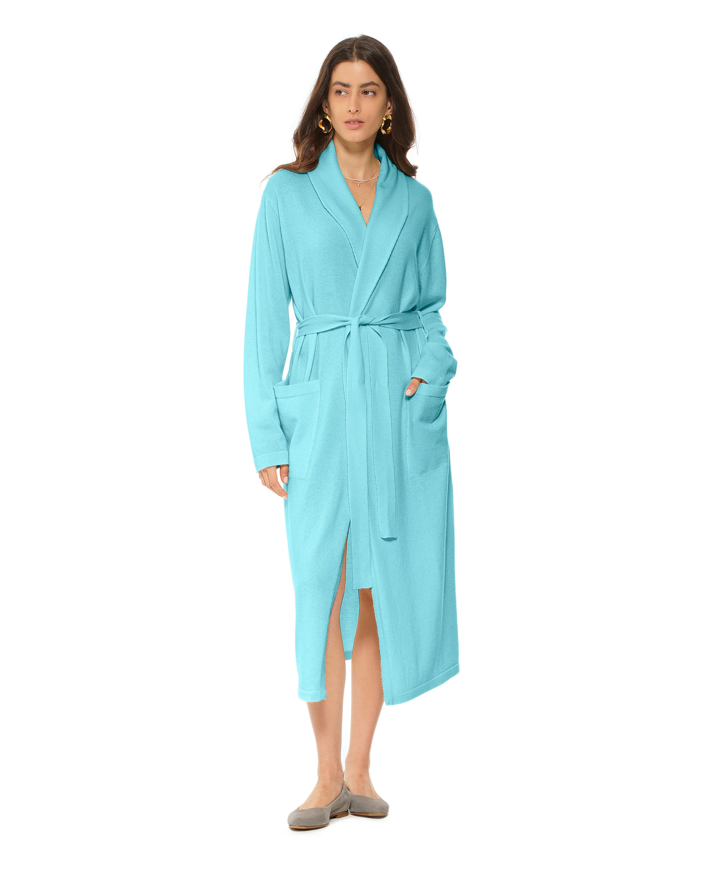Luxury Women's Pure Cashmere Knit Robe - Soft & Warm Winter Loungewear - Light Cyan Blue for Spa, Home Relaxation & Bridal Gift