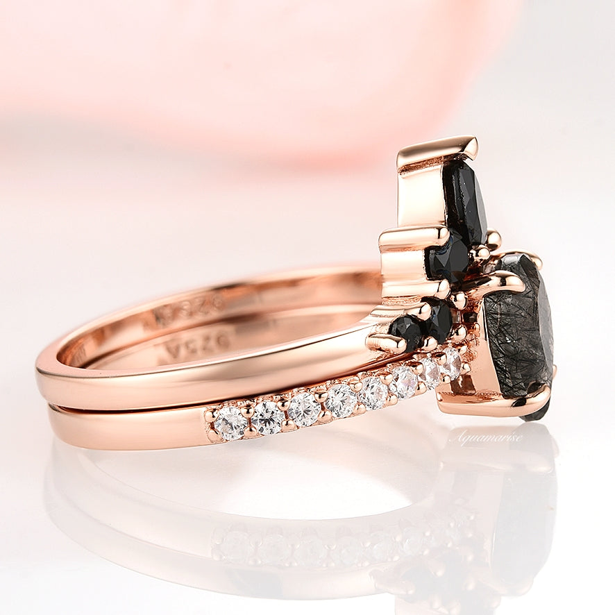 14K Rose Gold Vermeil Rutilated Quartz & Black Onyx Ring Set – Elegant Jewelry for Women, Perfect for Weddings, Parties & Everyday Wear
