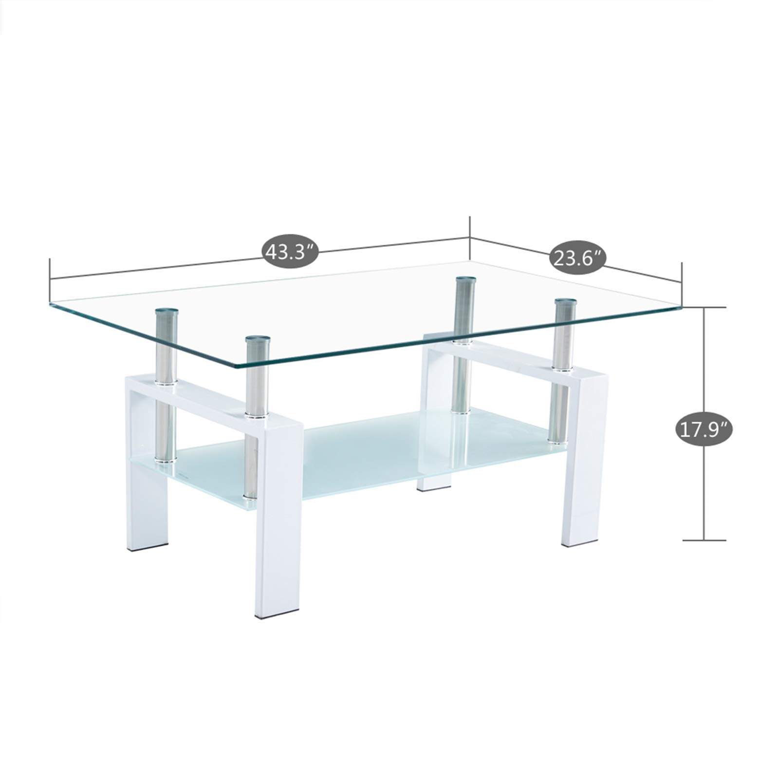 Modern Rectangle Glass Coffee Table with Sturdy Metal Frame & Storage Shelf - White | Minimalist Living Room Furniture for Sofa & Side Table Use | Durable & Stylish Home Decor for Small Spaces