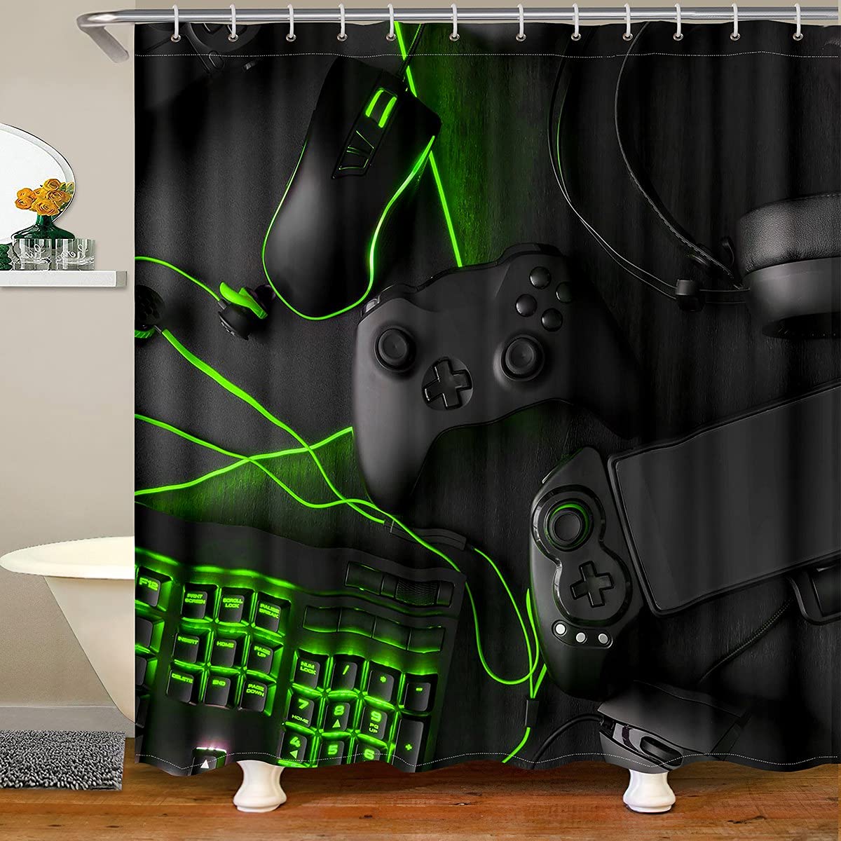 Gaming Shower Curtain for Boys - Video Game Controller, Mouse, Keyboard & Headset Design - Waterproof Bathroom Decor (72x72 Inches, Black & Green) - Perfect for Gamers' Bathrooms & Themed Bedrooms